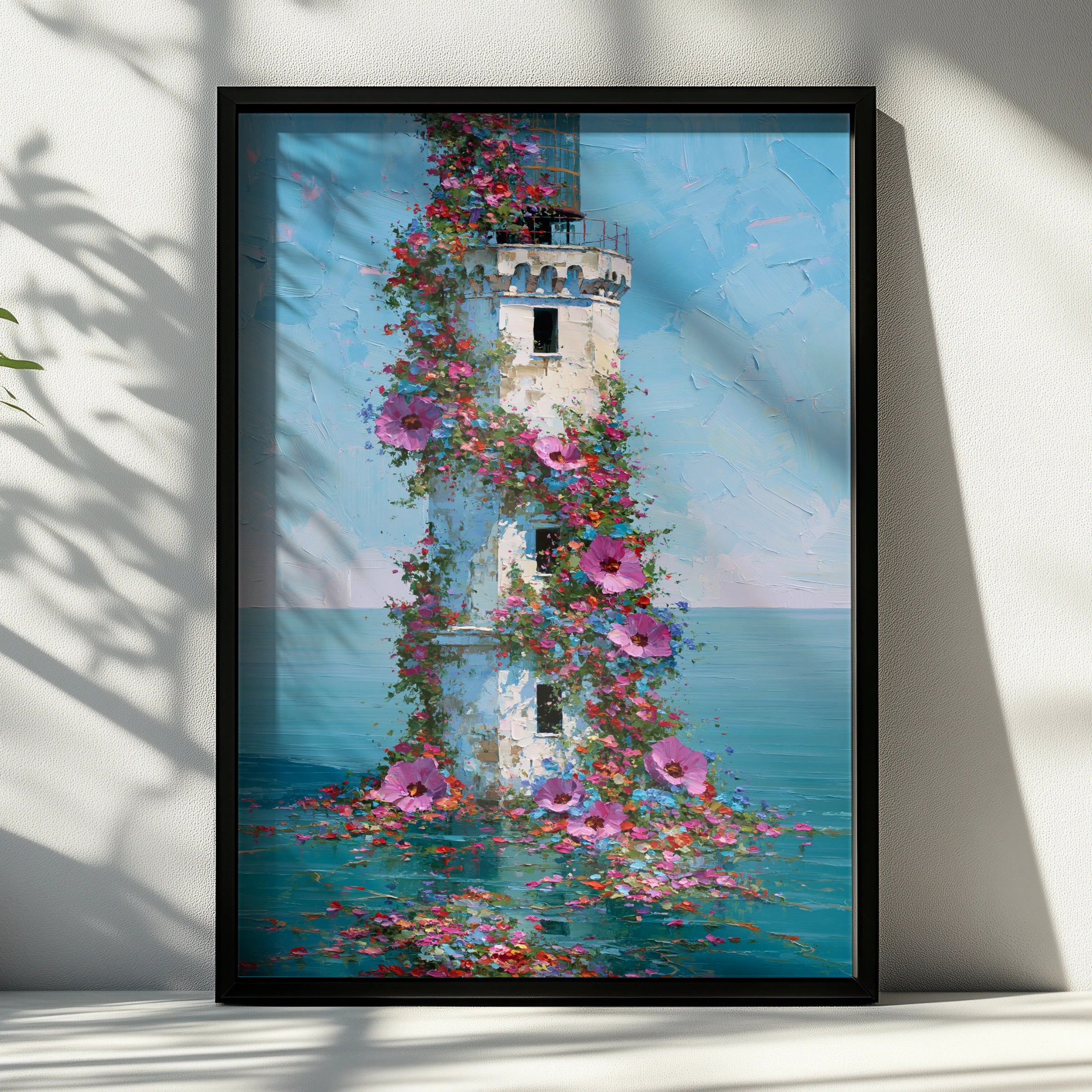 Lighthouse Flowers Poster, Floral Coastal Wall Art, Botanical Oil Painting Print