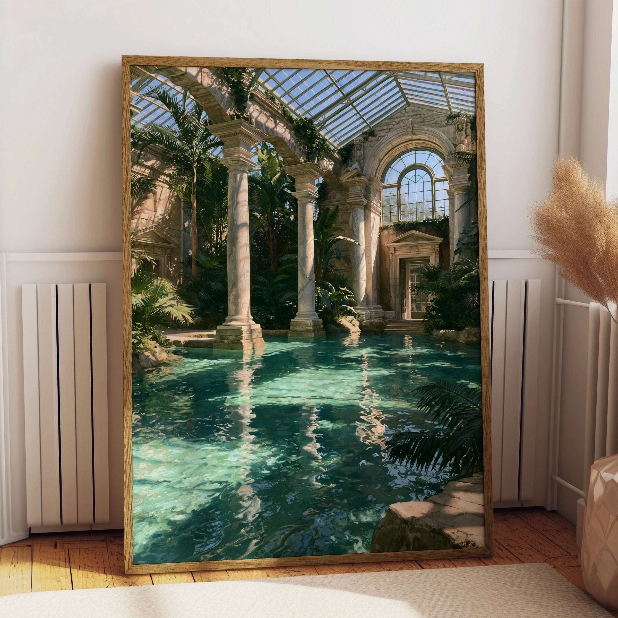 Glass House Bath Roman Pool Art Print, Classical Architecture Poster, Teal Green