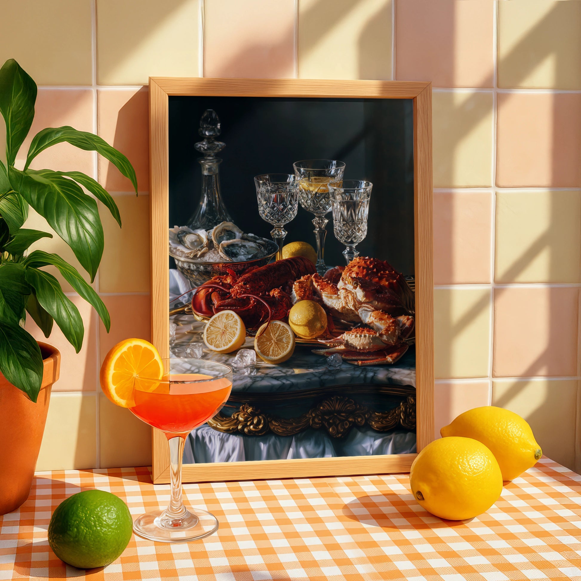 Seafood Still Life Poster, Lobster Oysters Crab, Dark Baroque Wall Art Print