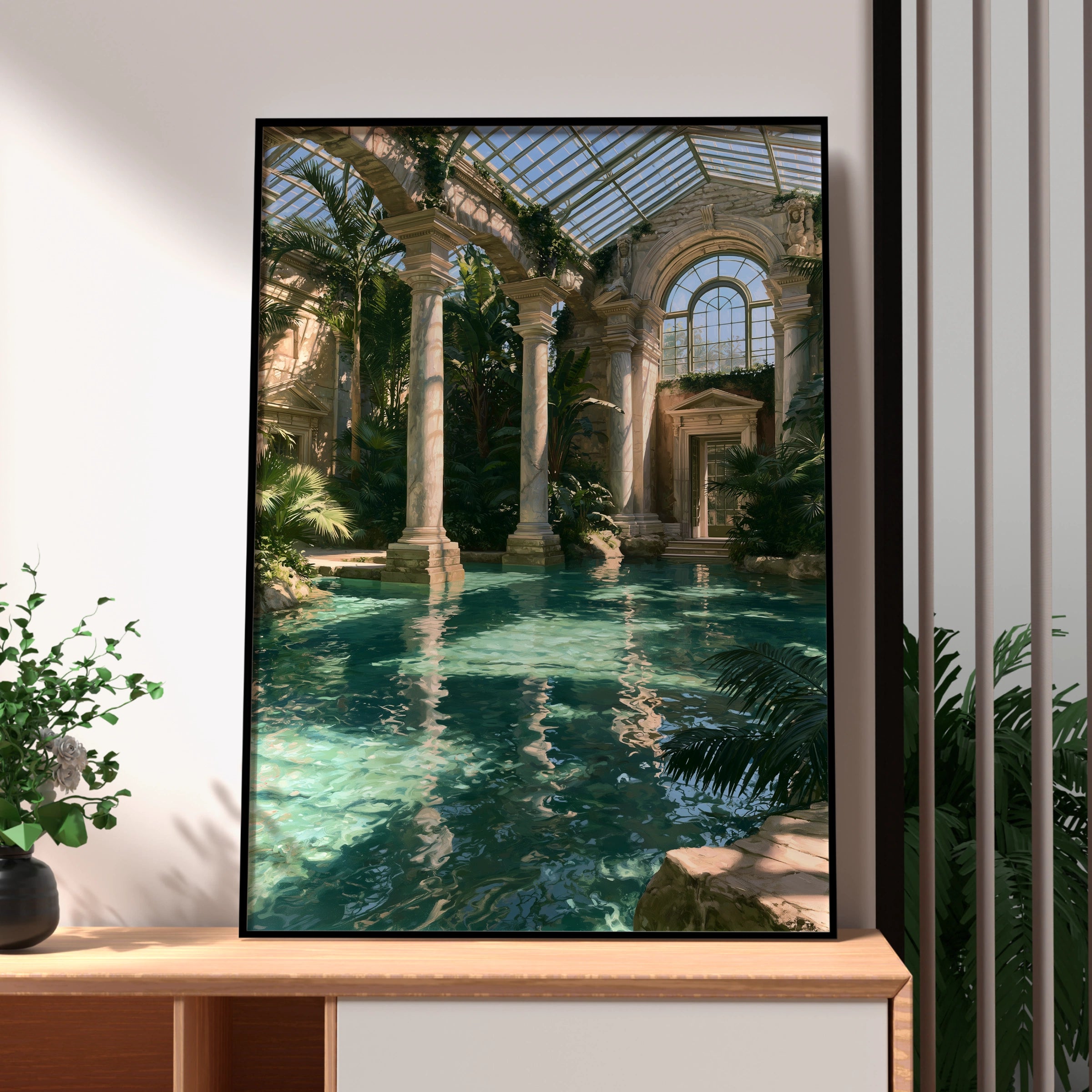 Glass House Bath Roman Pool Art Print, Classical Architecture Poster, Teal Green