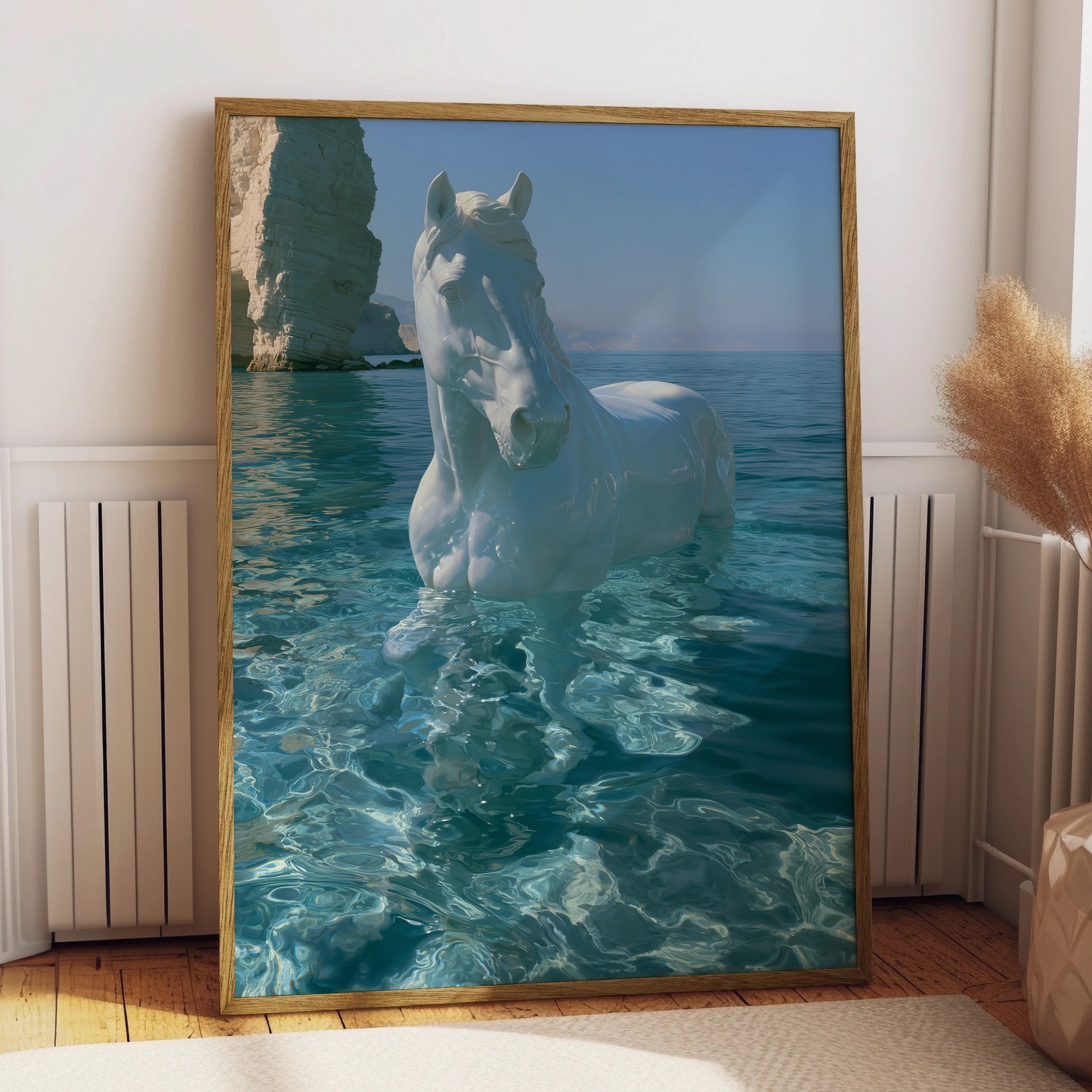 White Horse in Water Poster, Coastal Cliffs Art Print, Surreal Equine Wall Art