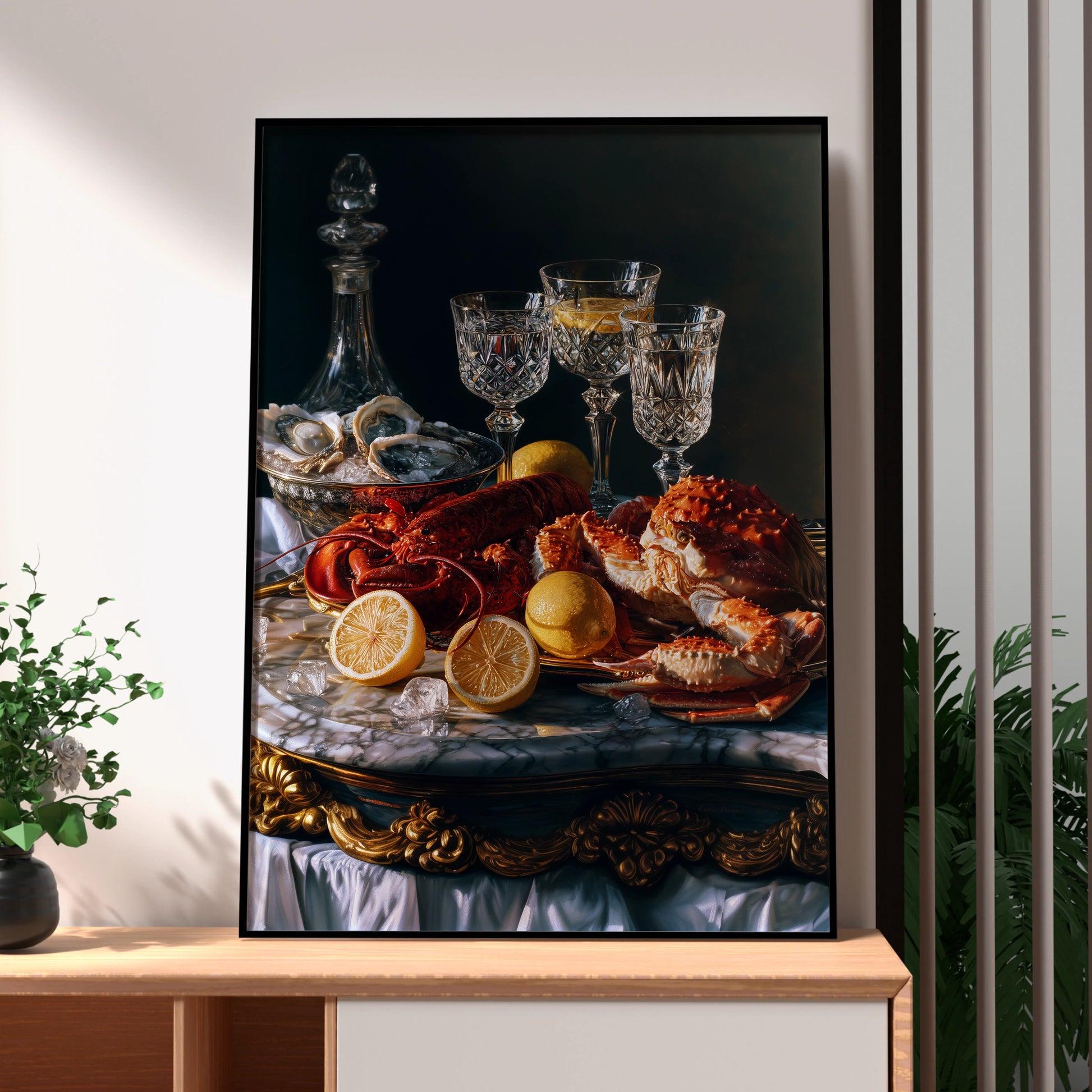 Seafood Still Life Poster, Lobster Oysters Crab, Dark Baroque Wall Art Print