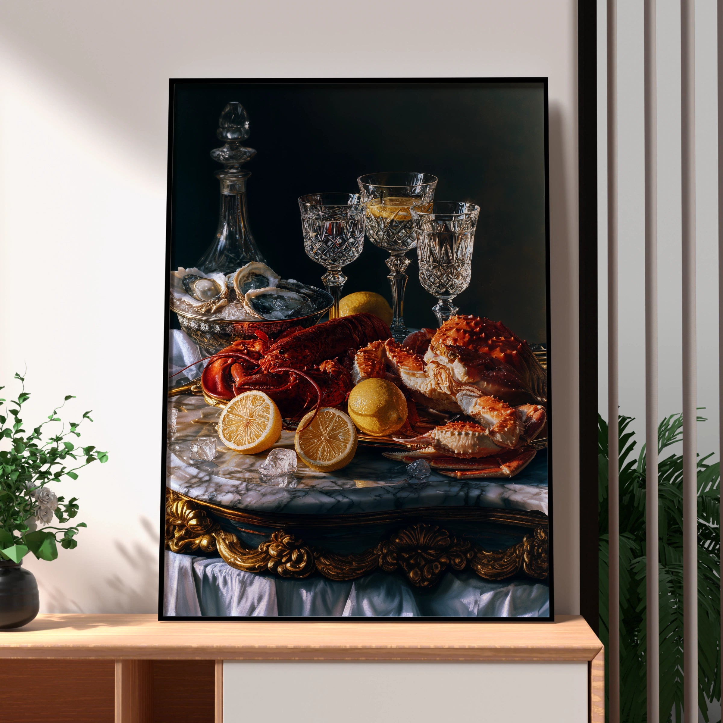 Seafood Still Life Poster, Lobster Oysters Crab, Dark Baroque Wall Art Print