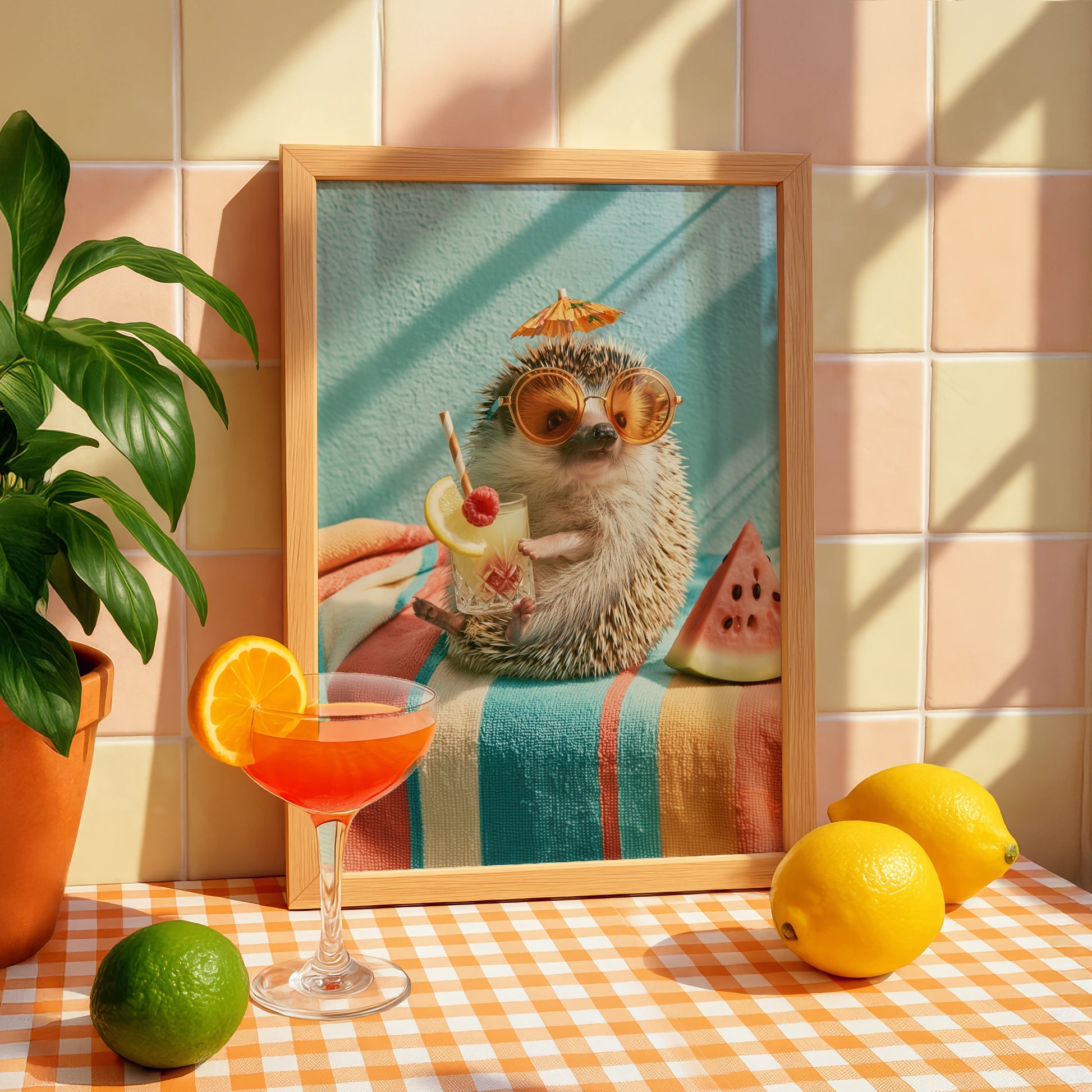 Hedgehog Summer Cocktail Poster, Cute Animal Wall Art, Retro Fun Print
