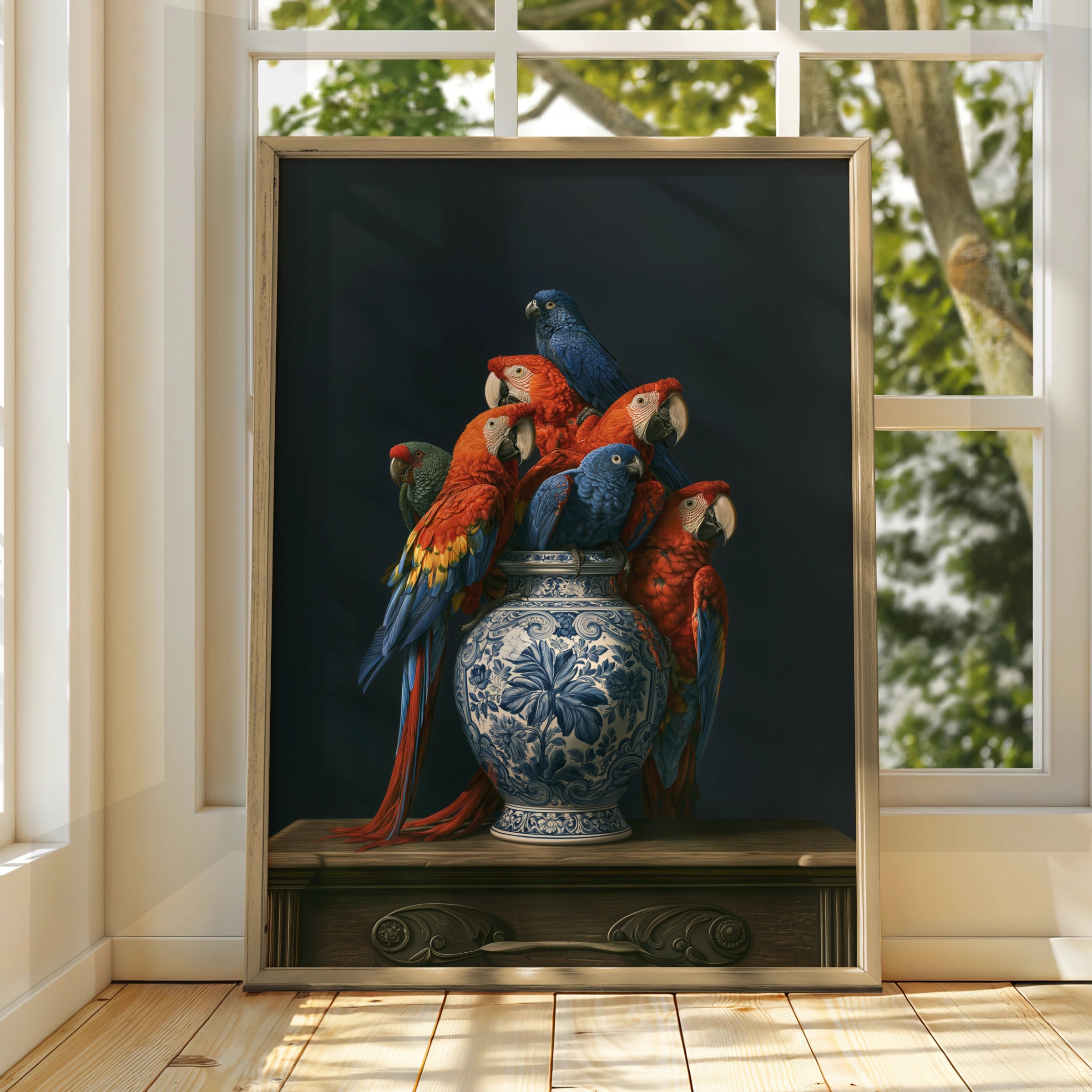 Parrot Vase Wall Art Poster, Macaw Birds Delft Ceramic, Dark Moody Still Life Print