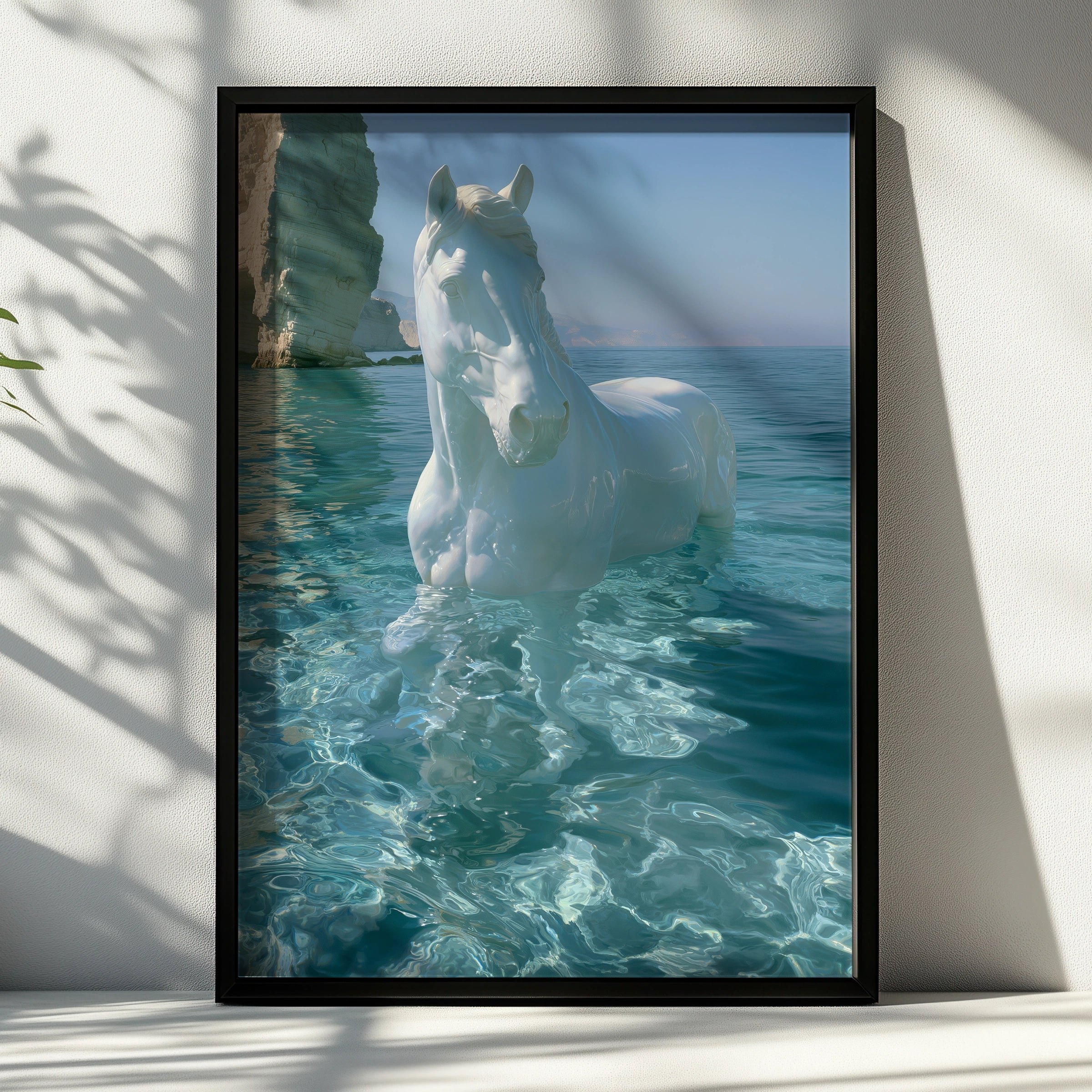 White Horse in Water Poster, Coastal Cliffs Art Print, Surreal Equine Wall Art
