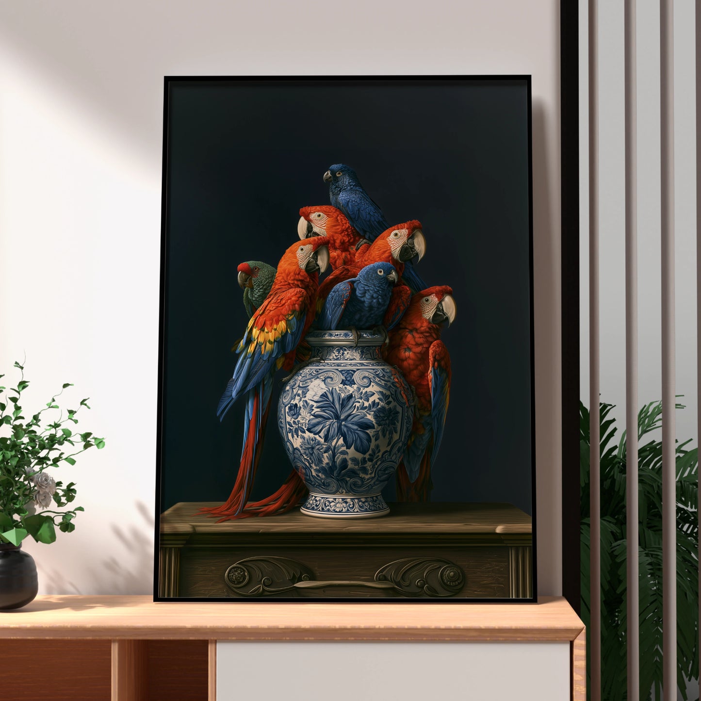 Parrot Vase Wall Art Poster, Macaw Birds Delft Ceramic, Dark Moody Still Life Print