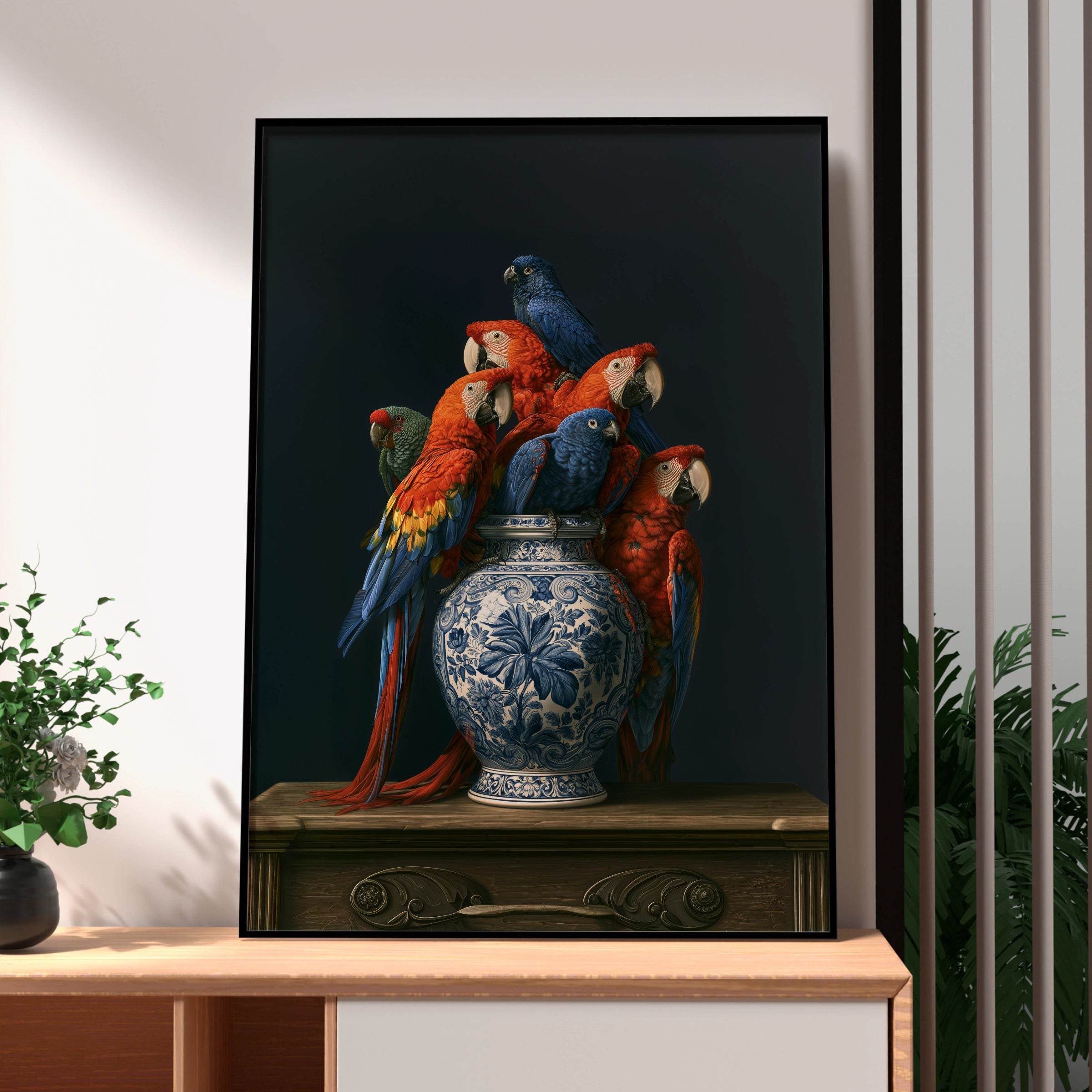 Parrot Vase Wall Art Poster, Macaw Birds Delft Ceramic, Dark Moody Still Life Print