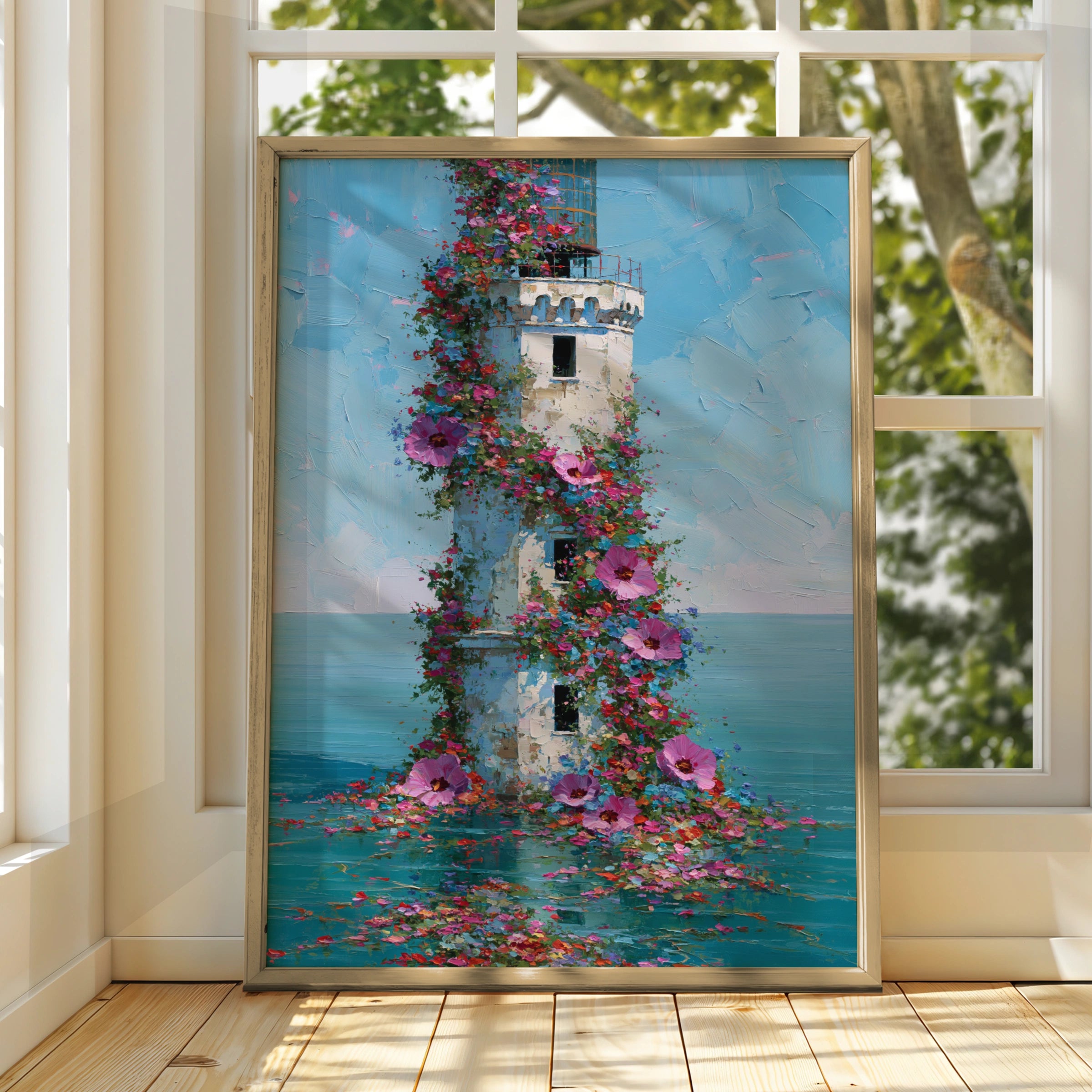 Lighthouse Flowers Poster, Floral Coastal Wall Art, Botanical Oil Painting Print