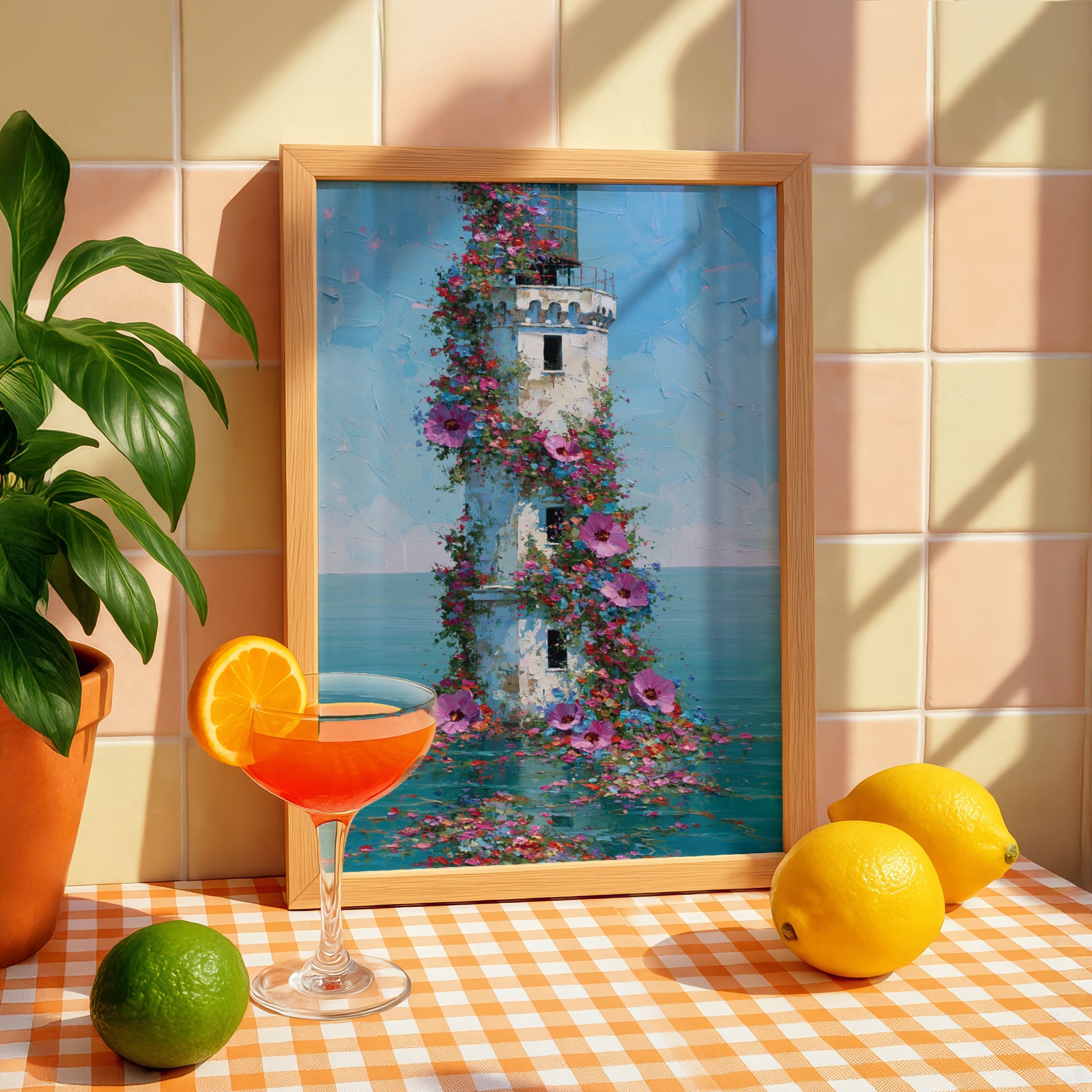 Lighthouse Flowers Poster, Floral Coastal Wall Art, Botanical Oil Painting Print