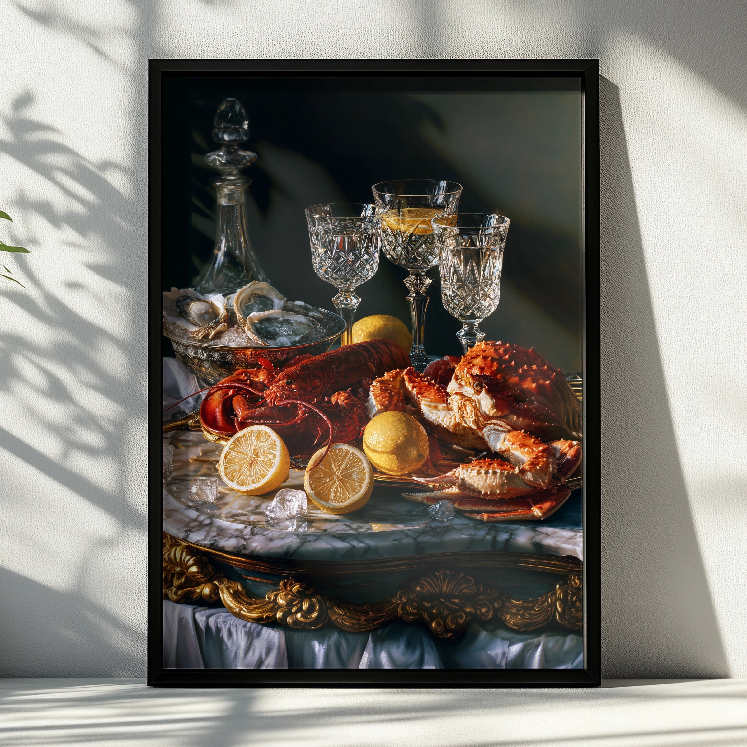 Seafood Still Life Poster, Lobster Oysters Crab, Dark Baroque Wall Art Print
