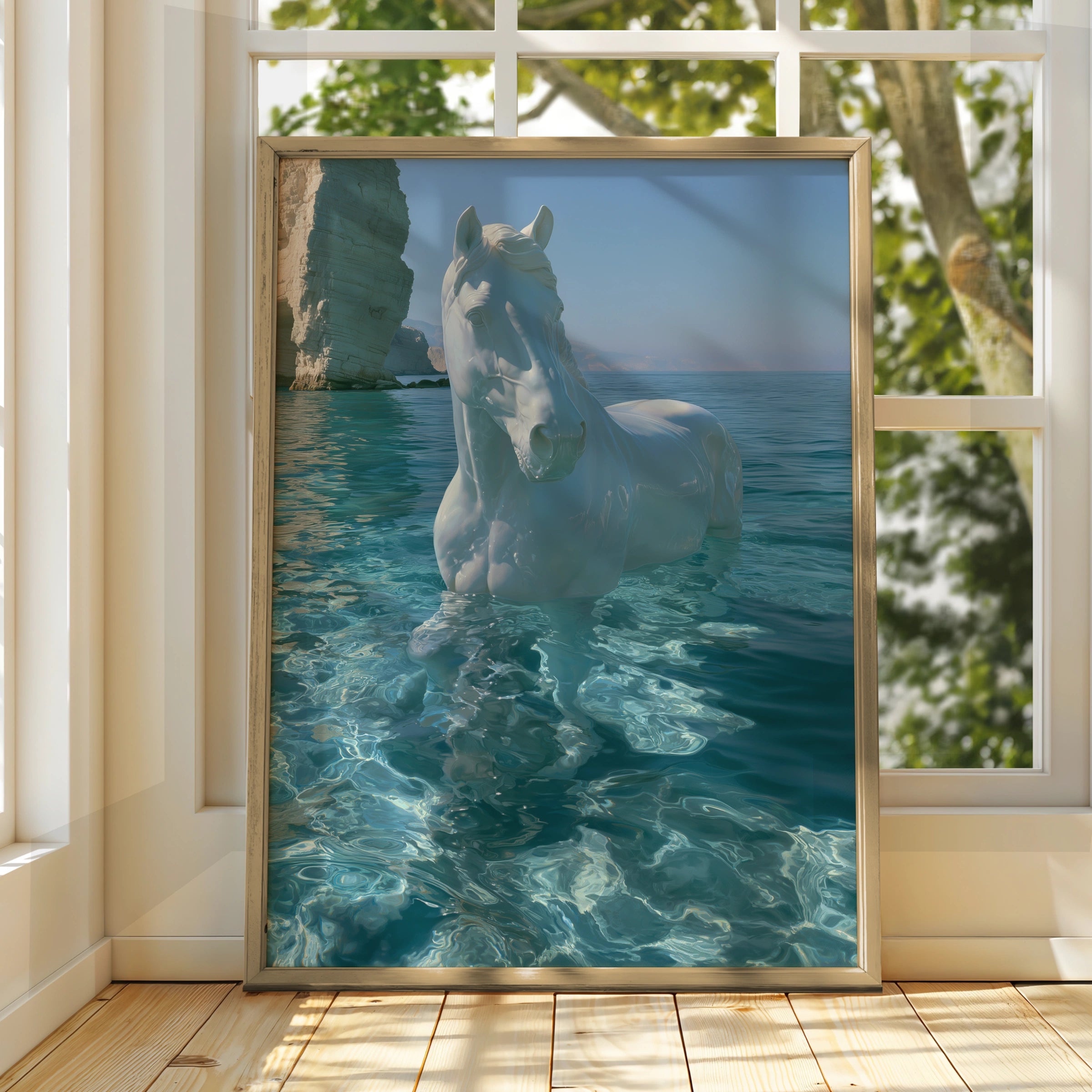 White Horse in Water Poster, Coastal Cliffs Art Print, Surreal Equine Wall Art