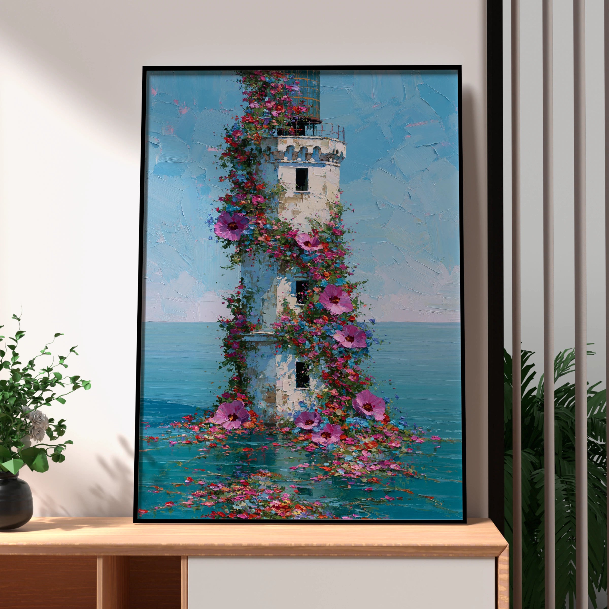 Lighthouse Flowers Poster, Floral Coastal Wall Art, Botanical Oil Painting Print