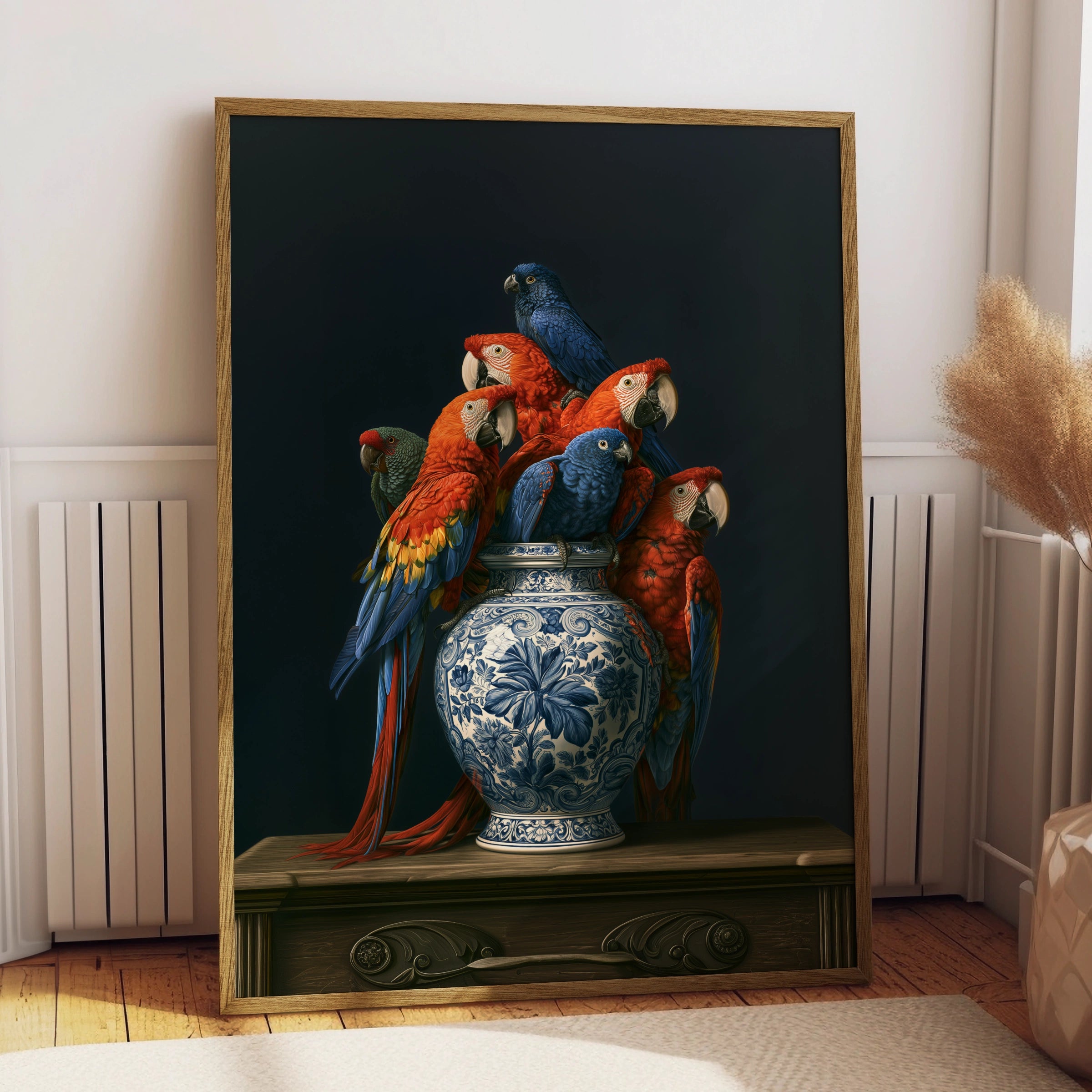 Parrot Vase Wall Art Poster, Macaw Birds Delft Ceramic, Dark Moody Still Life Print