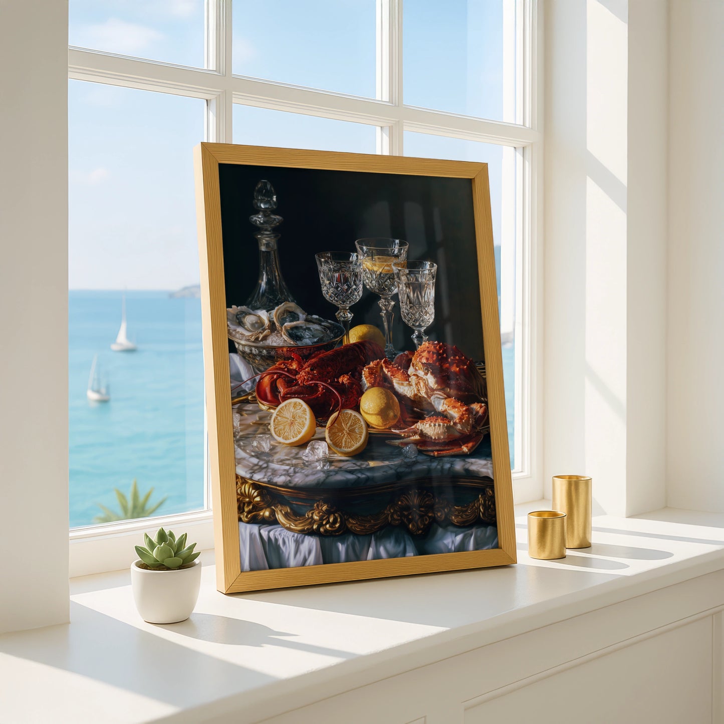 Seafood Still Life Poster, Lobster Oysters Crab, Dark Baroque Wall Art Print