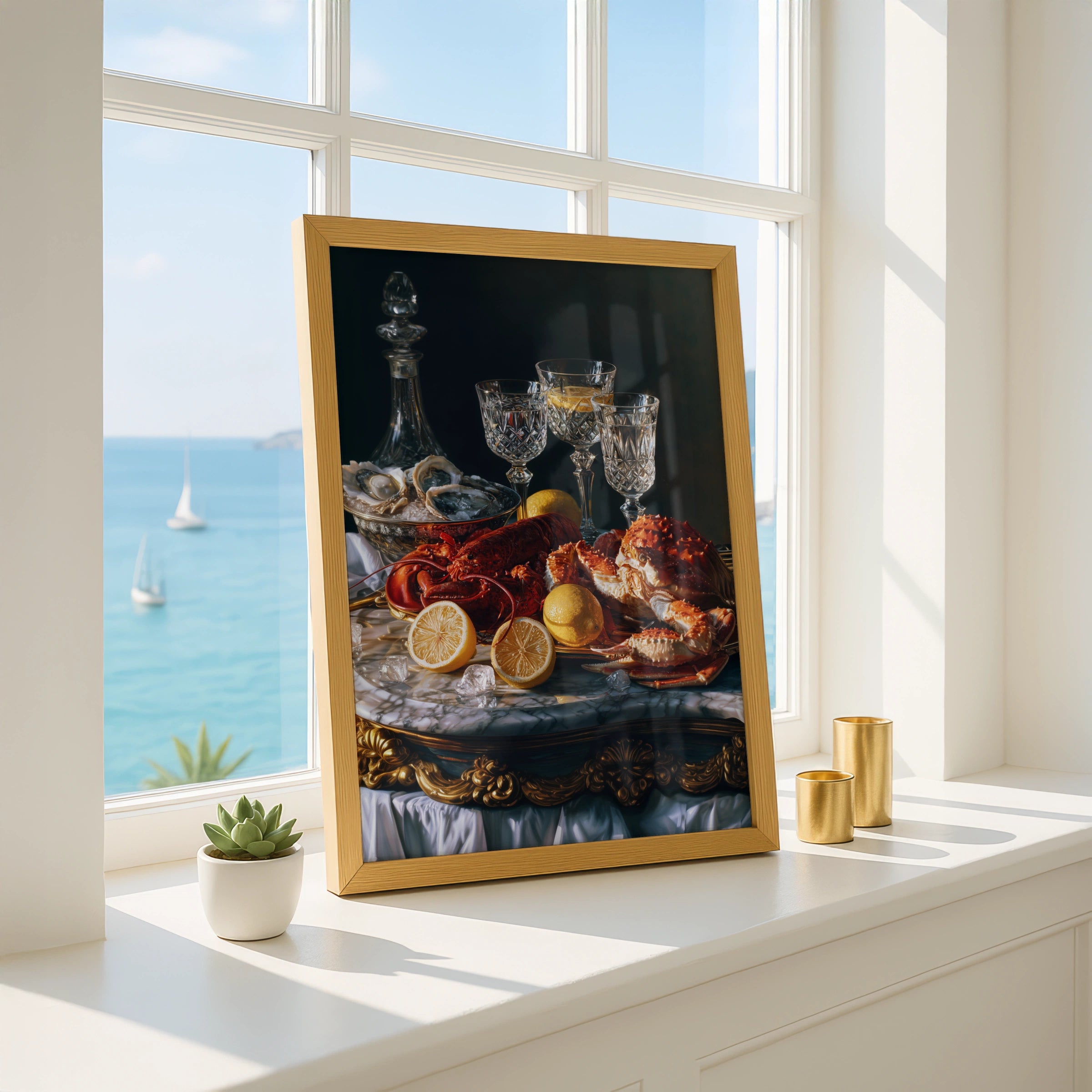 Seafood Still Life Poster, Lobster Oysters Crab, Dark Baroque Wall Art Print
