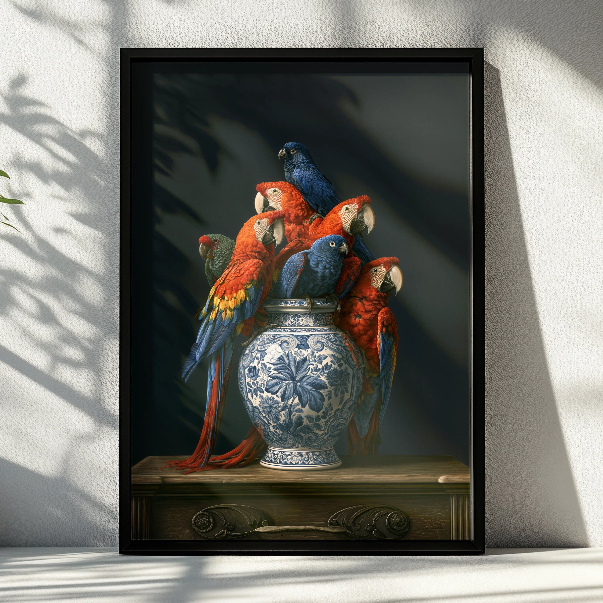 Parrot Vase Wall Art Poster, Macaw Birds Delft Ceramic, Dark Moody Still Life Print