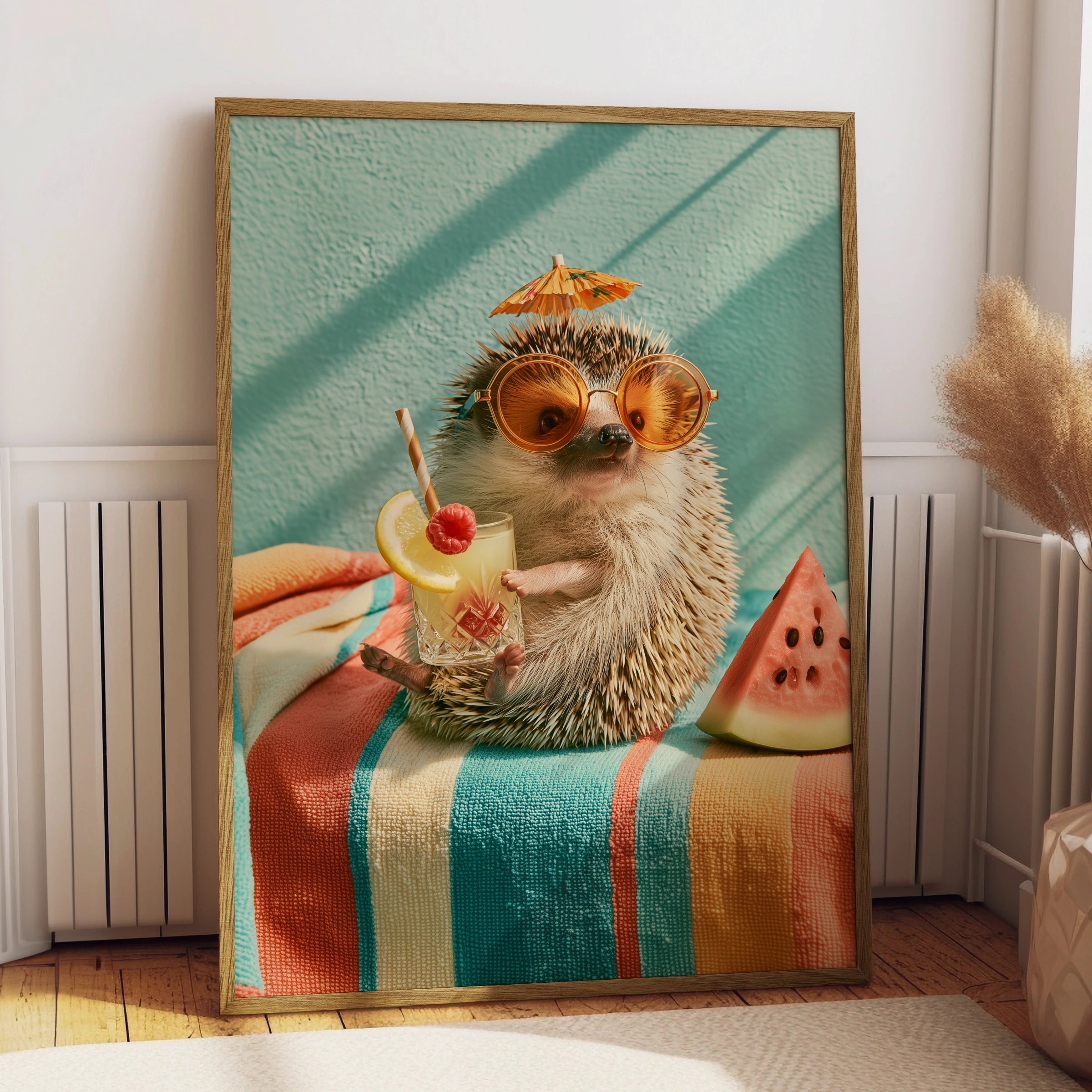 Hedgehog Summer Cocktail Poster, Cute Animal Wall Art, Retro Fun Print