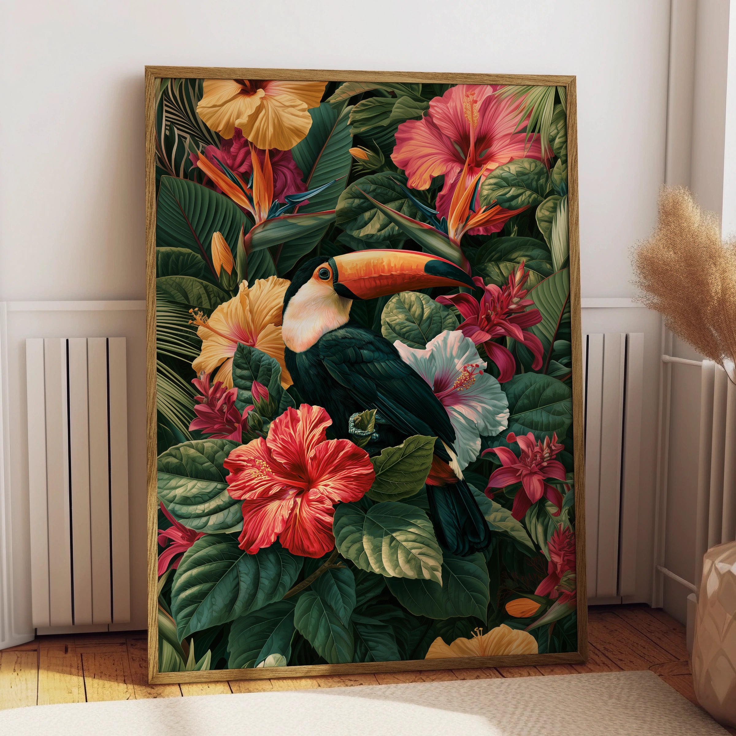 Toucan Hibiscus Tropical Poster, Botanical Bird Wall Art, Jungle Print