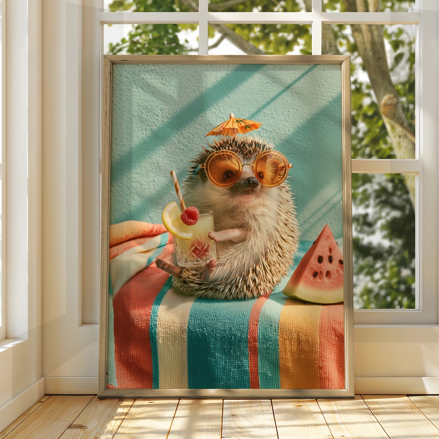 Hedgehog Summer Cocktail Poster, Cute Animal Wall Art, Retro Fun Print