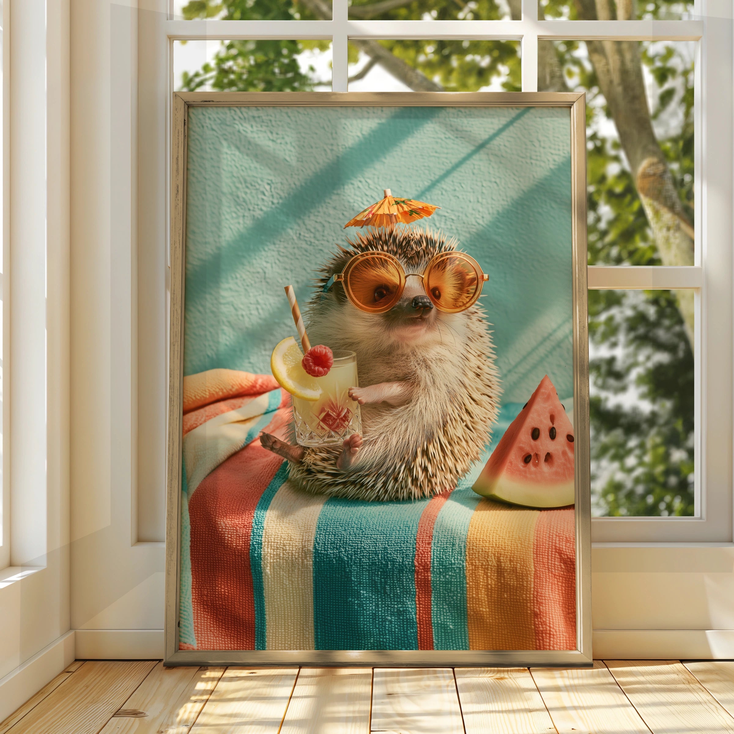 Hedgehog Summer Cocktail Poster, Cute Animal Wall Art, Retro Fun Print