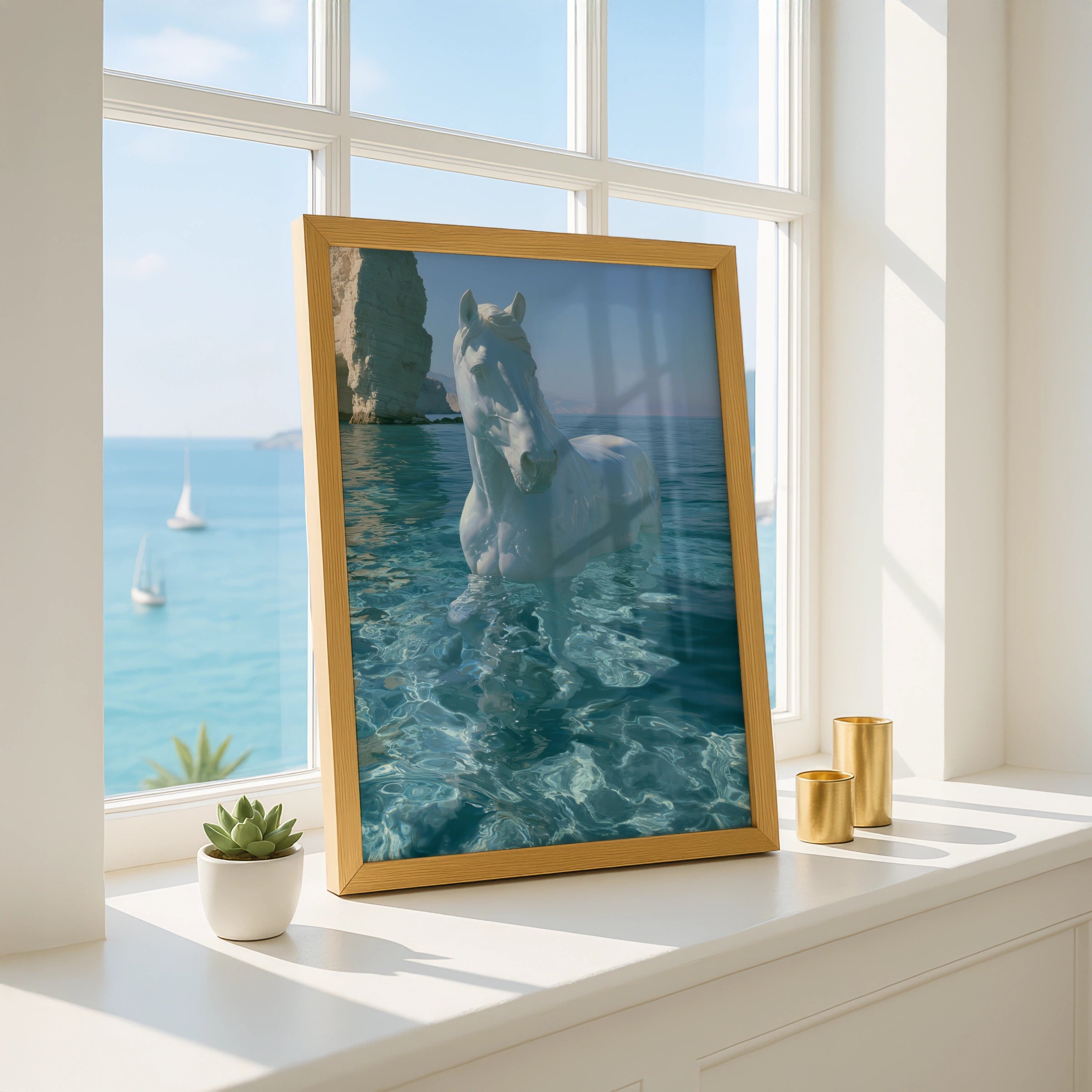 White Horse in Water Poster, Coastal Cliffs Art Print, Surreal Equine Wall Art