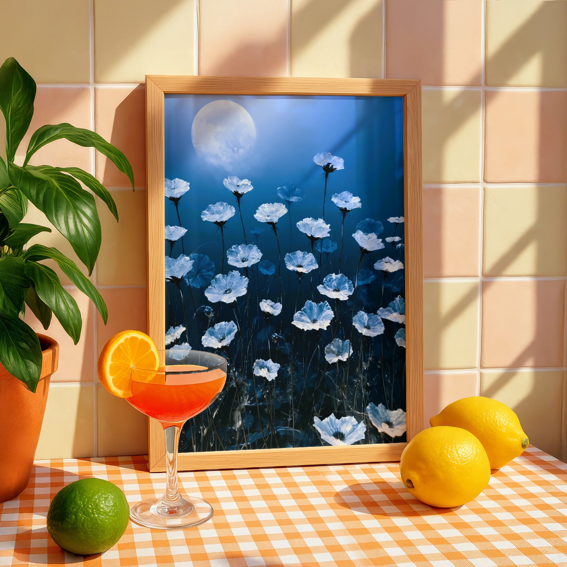 Crystal Flowers Moonlight Poster, Blue Floral Wall Art, Ethereal Botanical Print