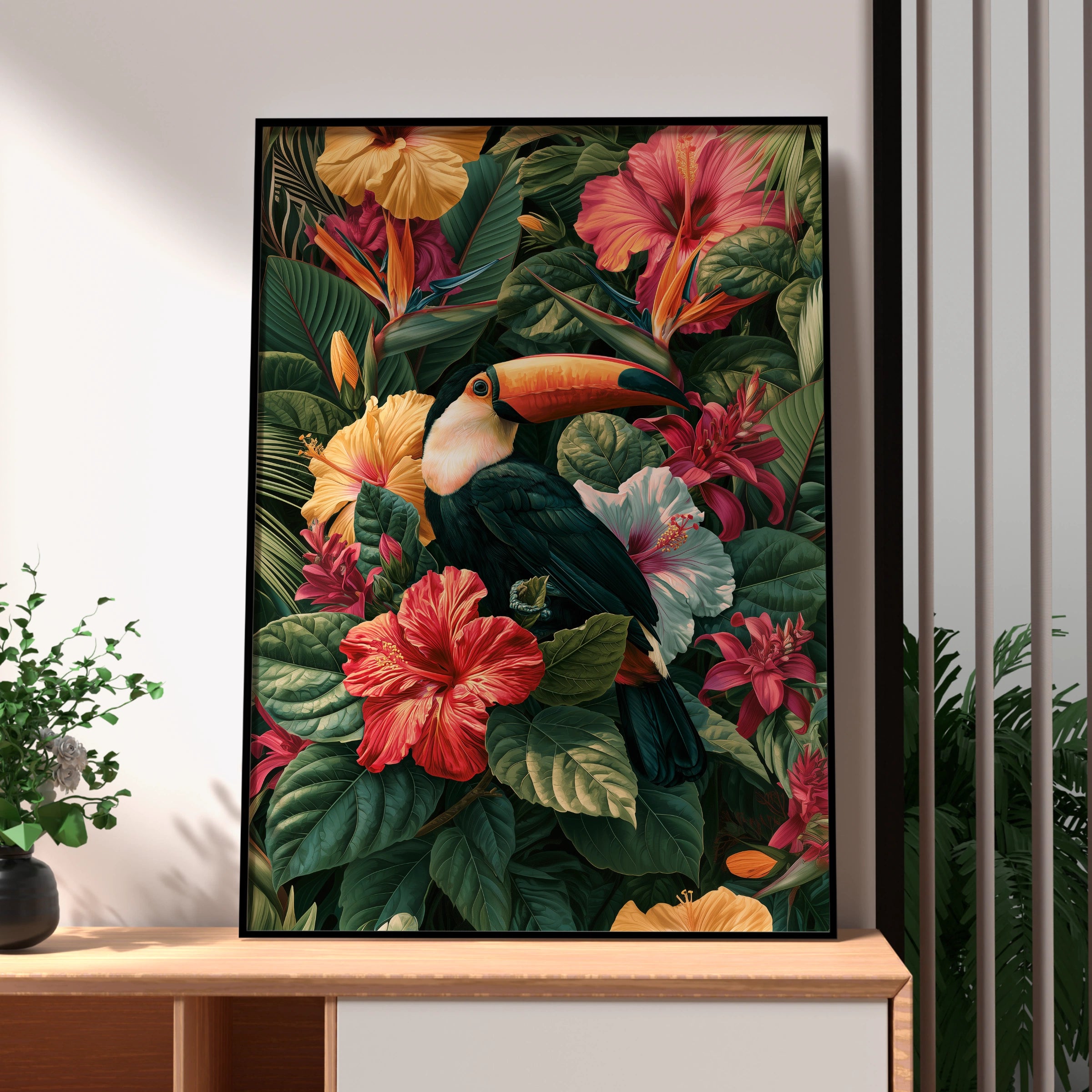 Toucan Hibiscus Tropical Poster, Botanical Bird Wall Art, Jungle Print