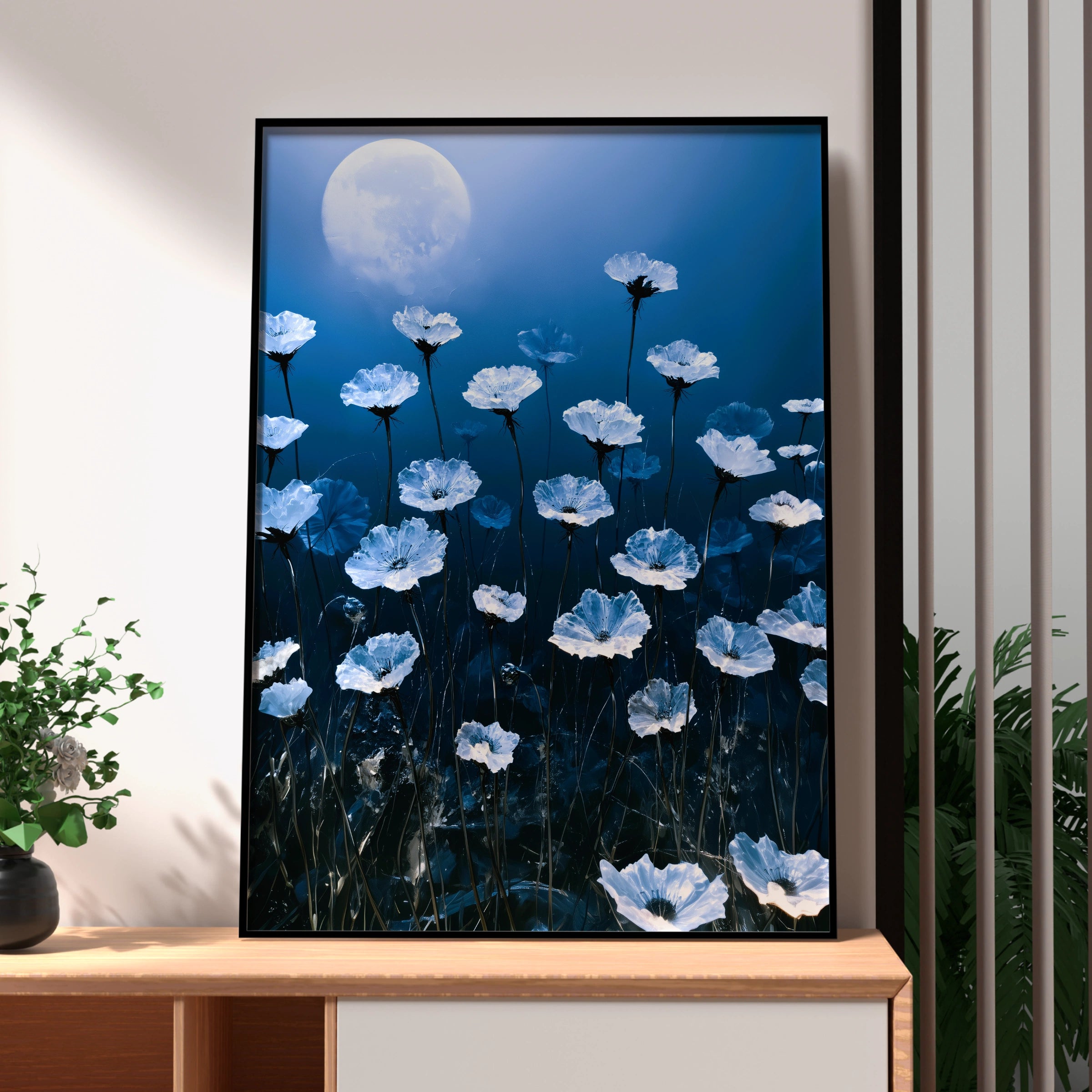 Crystal Flowers Moonlight Poster, Blue Floral Wall Art, Ethereal Botanical Print