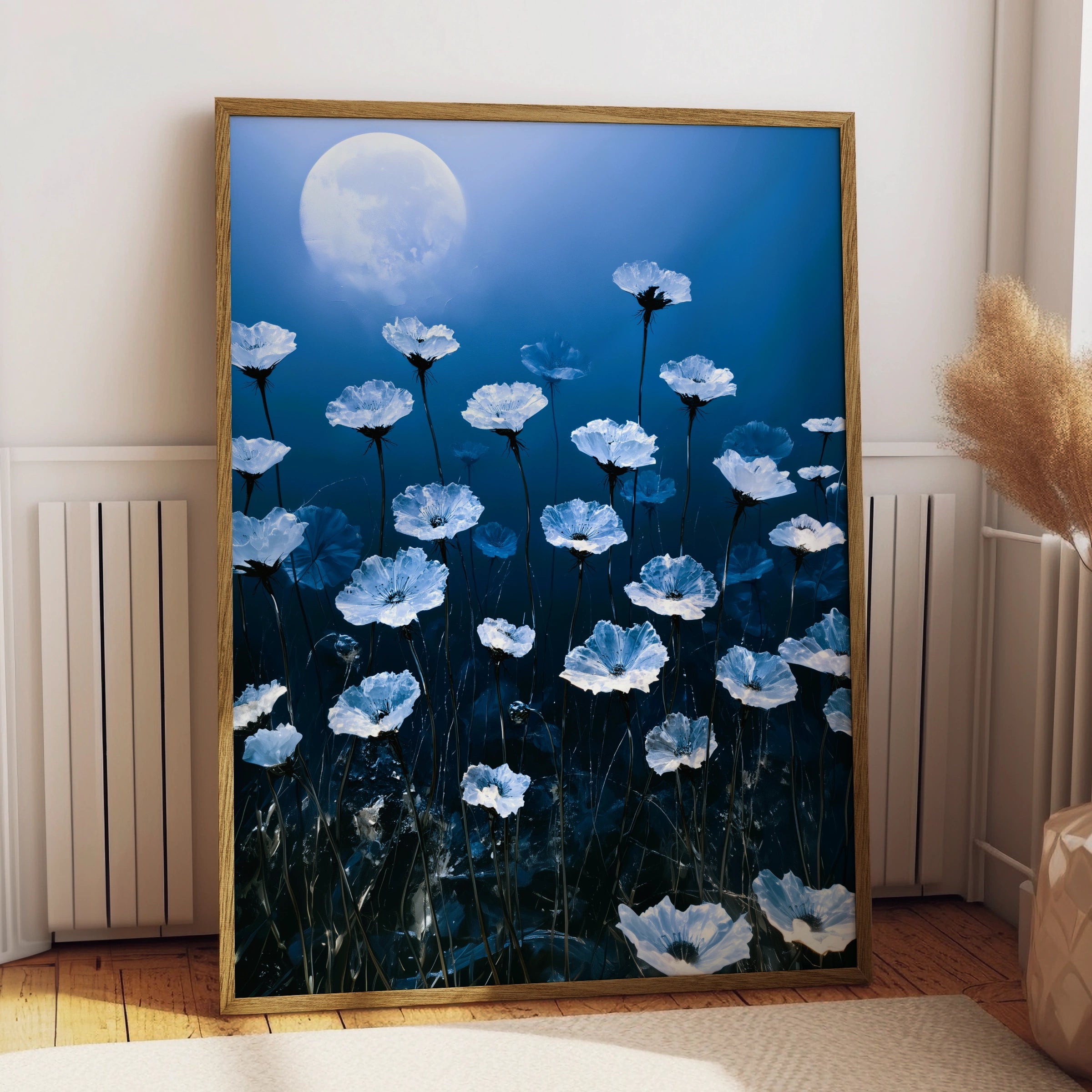 Crystal Flowers Moonlight Poster, Blue Floral Wall Art, Ethereal Botanical Print