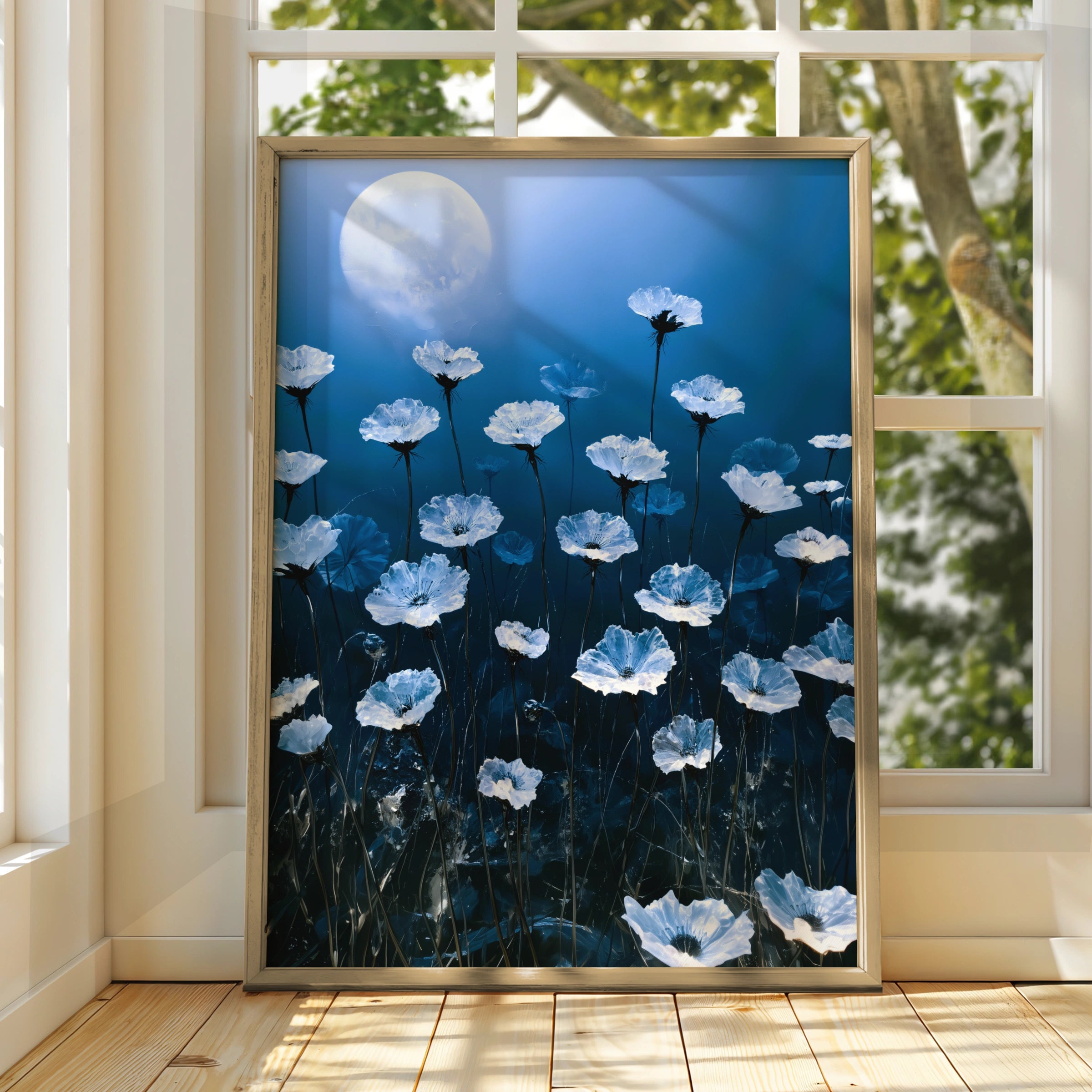 Crystal Flowers Moonlight Poster, Blue Floral Wall Art, Ethereal Botanical Print