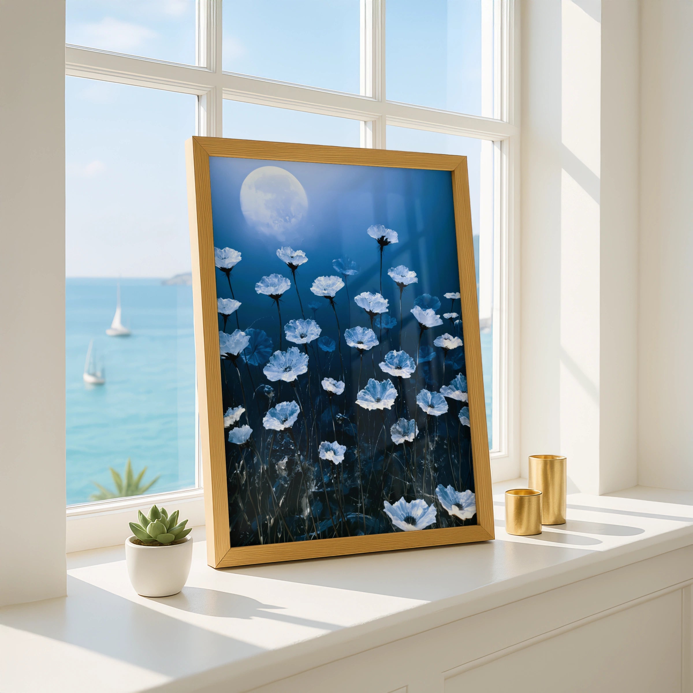 Crystal Flowers Moonlight Poster, Blue Floral Wall Art, Ethereal Botanical Print