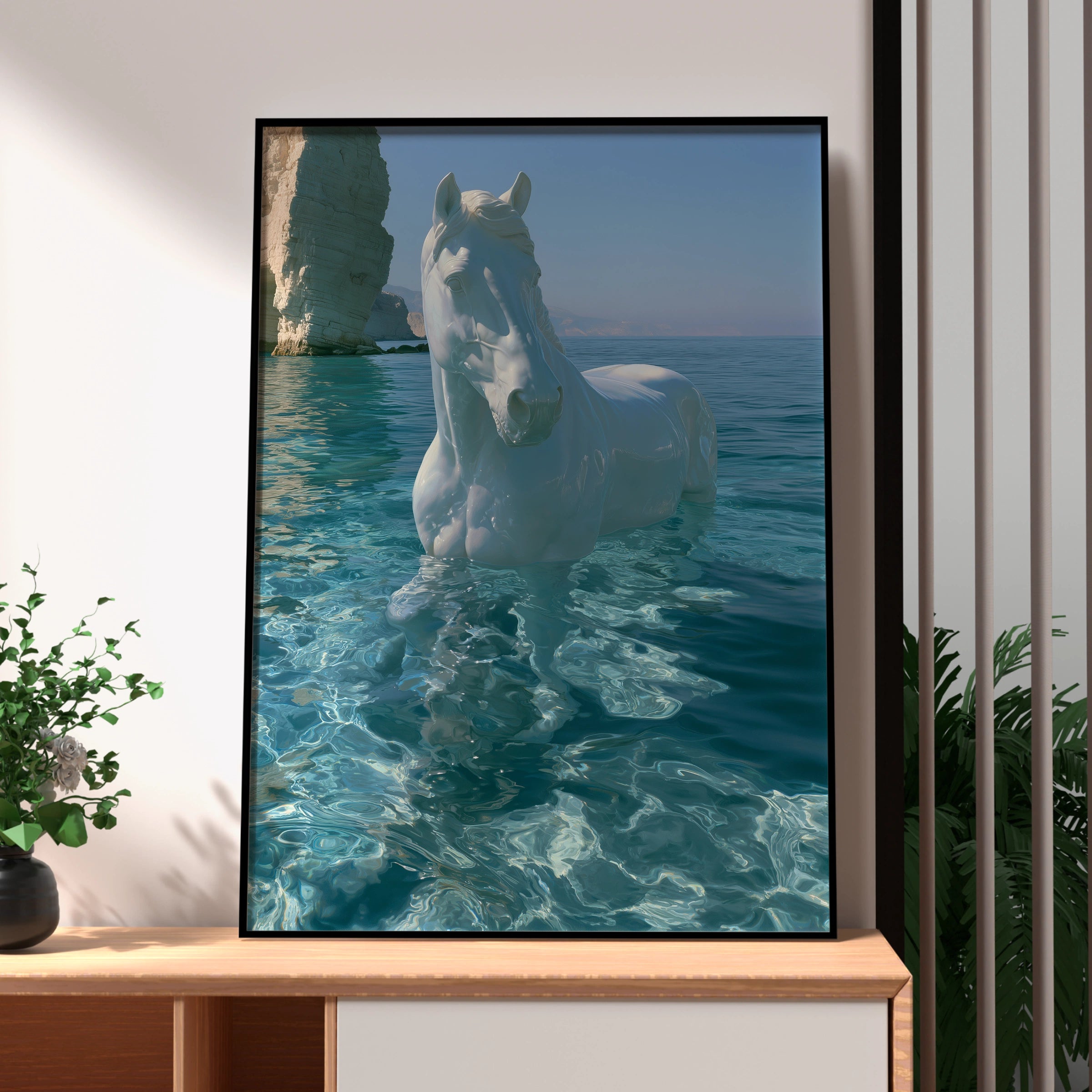 White Horse in Water Poster, Coastal Cliffs Art Print, Surreal Equine Wall Art