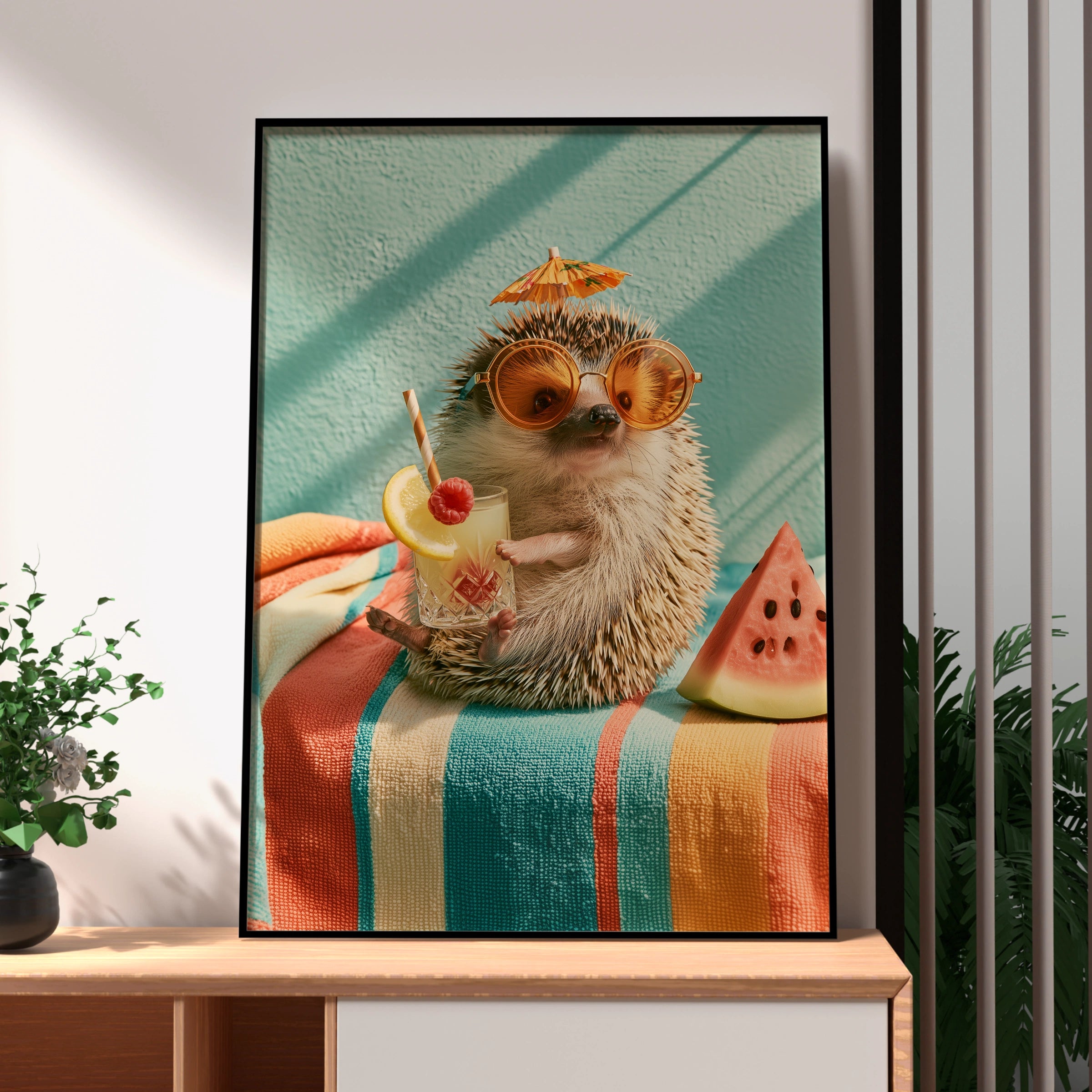 Hedgehog Summer Cocktail Poster, Cute Animal Wall Art, Retro Fun Print
