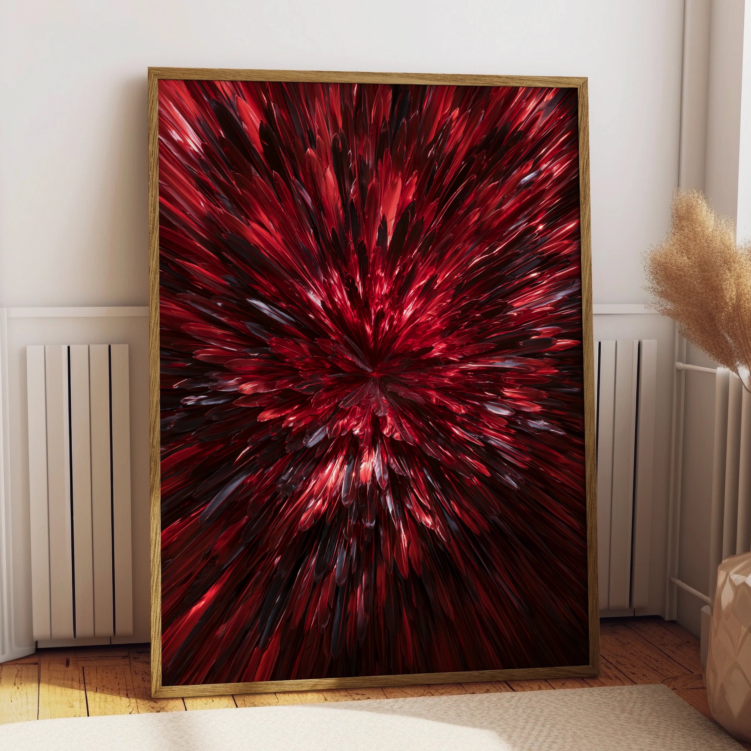 Red Feathers Burst Abstract Wall Art Poster, Mirror Symmetry Print