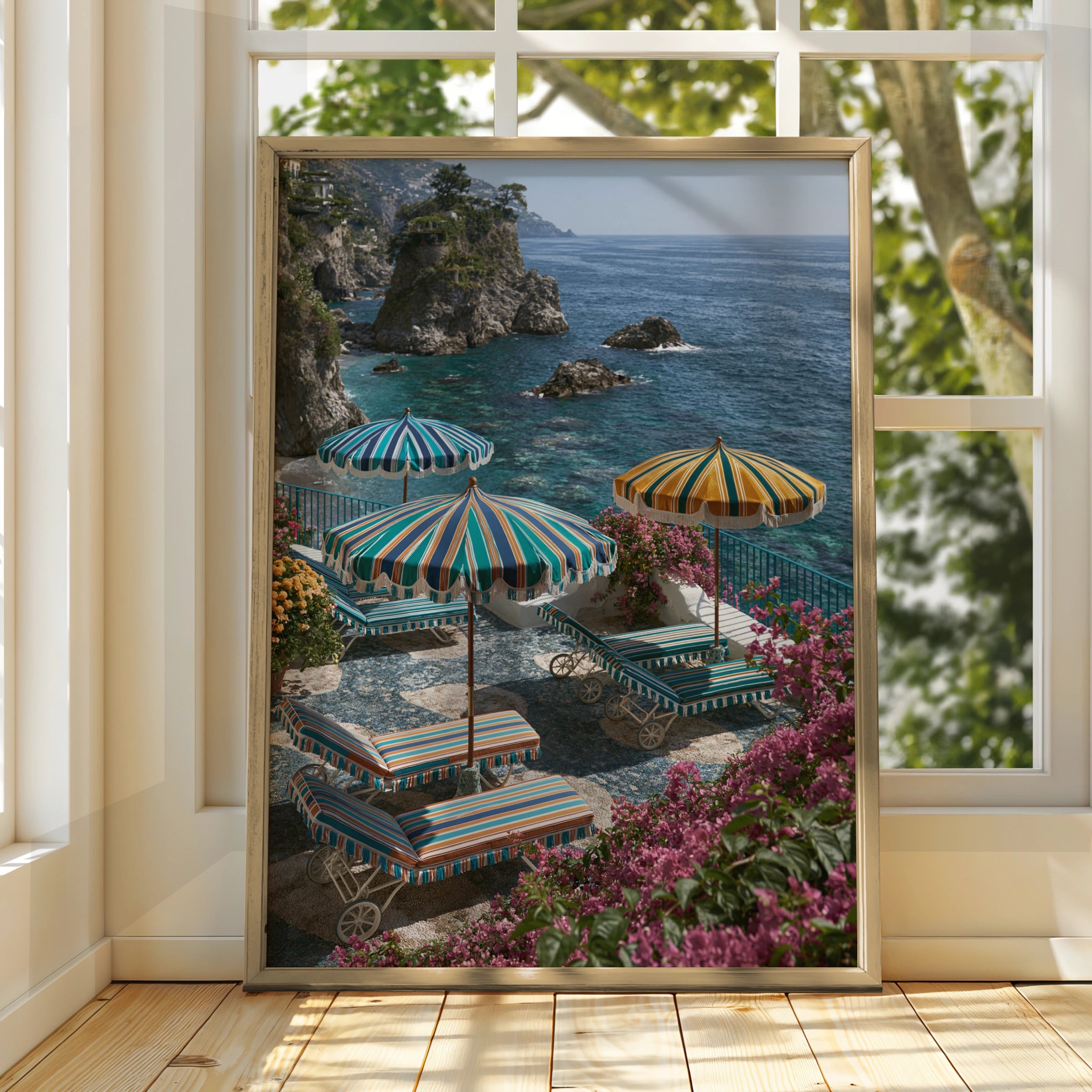 Amalfi Coast Italy Beach Umbrellas Poster, Colourful Striped Coastal Wall Art