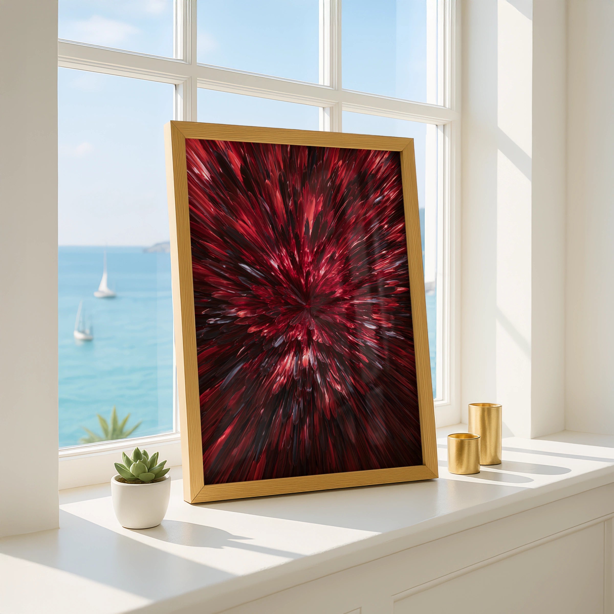 Red Feathers Burst Abstract Wall Art Poster, Mirror Symmetry Print