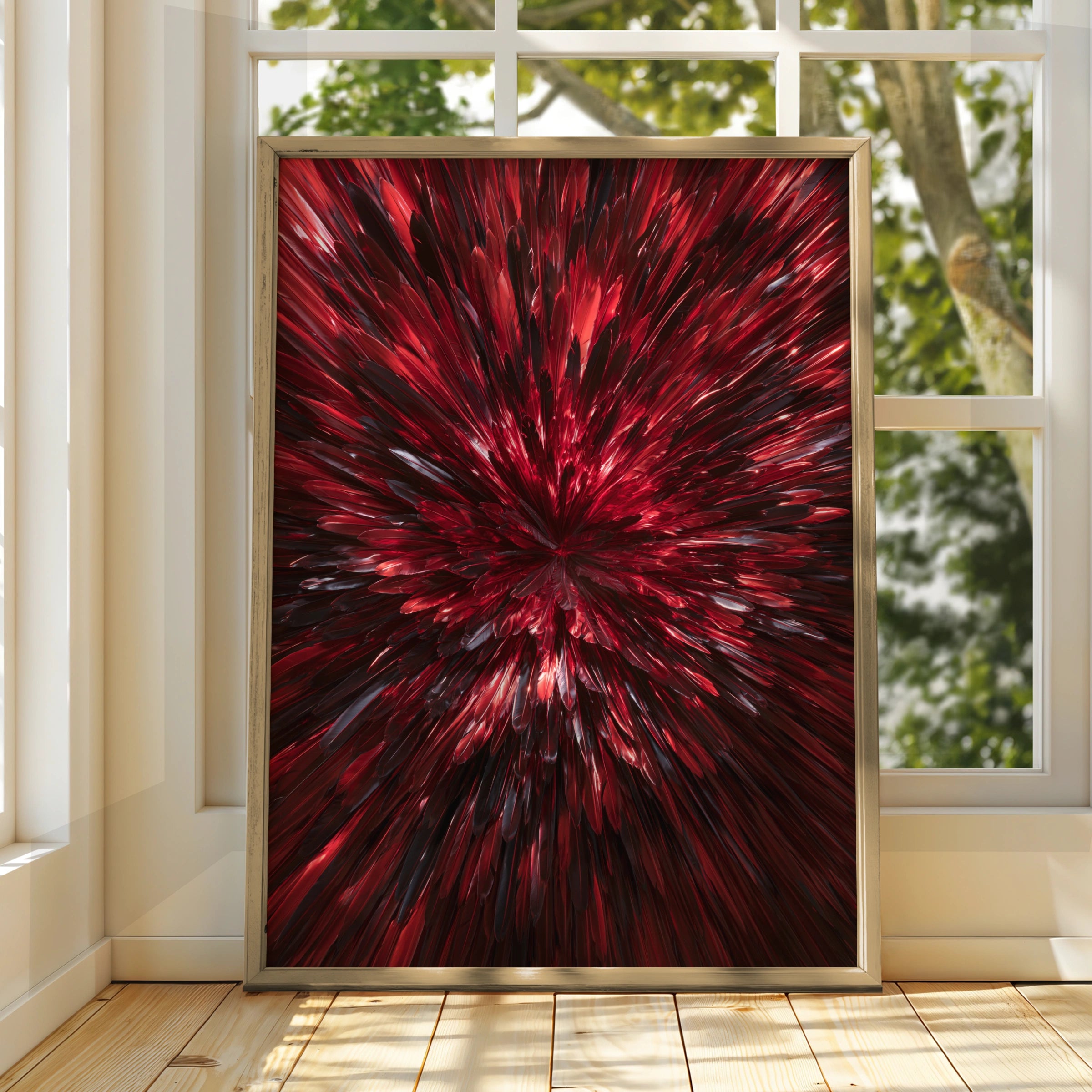 Red Feathers Burst Abstract Wall Art Poster, Mirror Symmetry Print