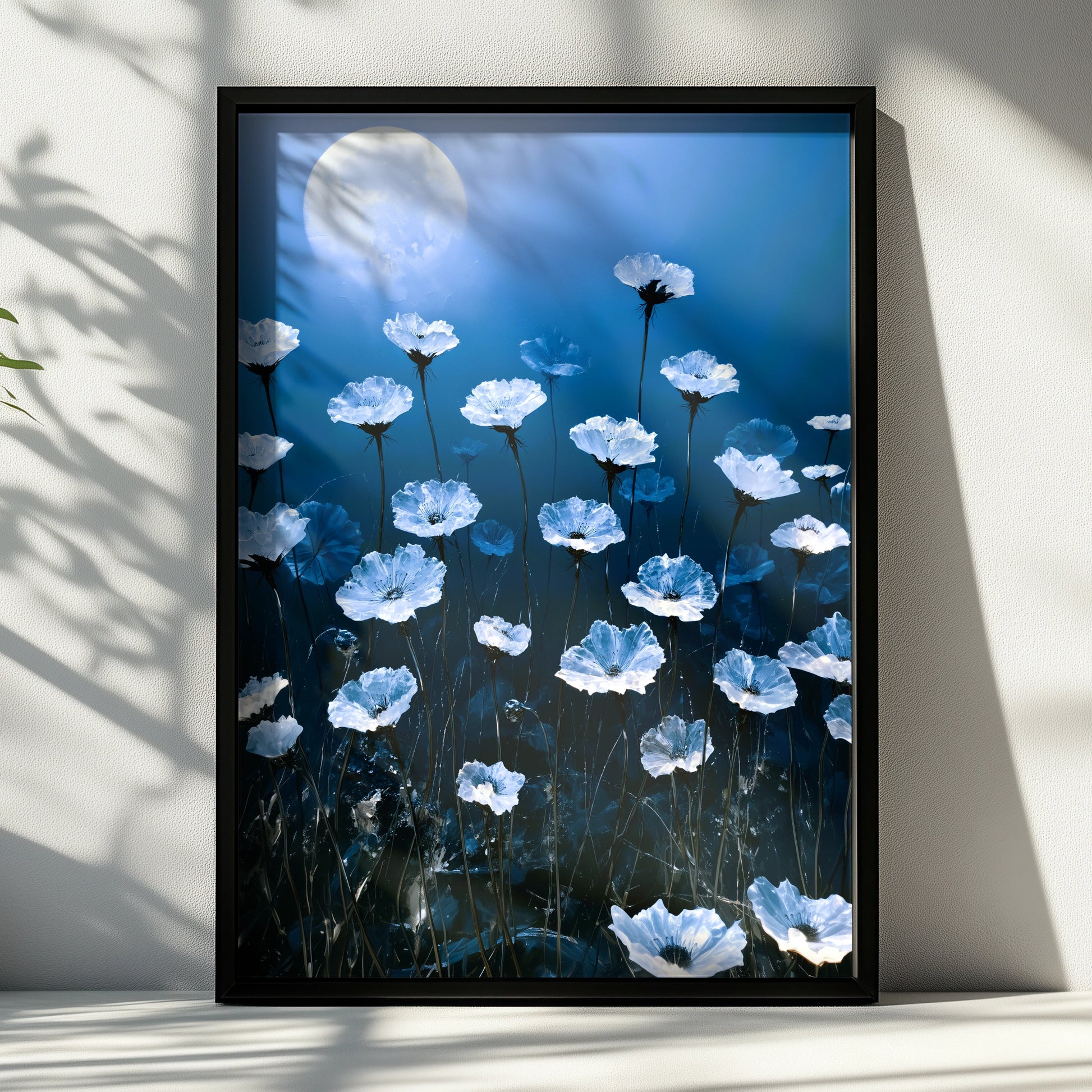 Crystal Flowers Moonlight Poster, Blue Floral Wall Art, Ethereal Botanical Print
