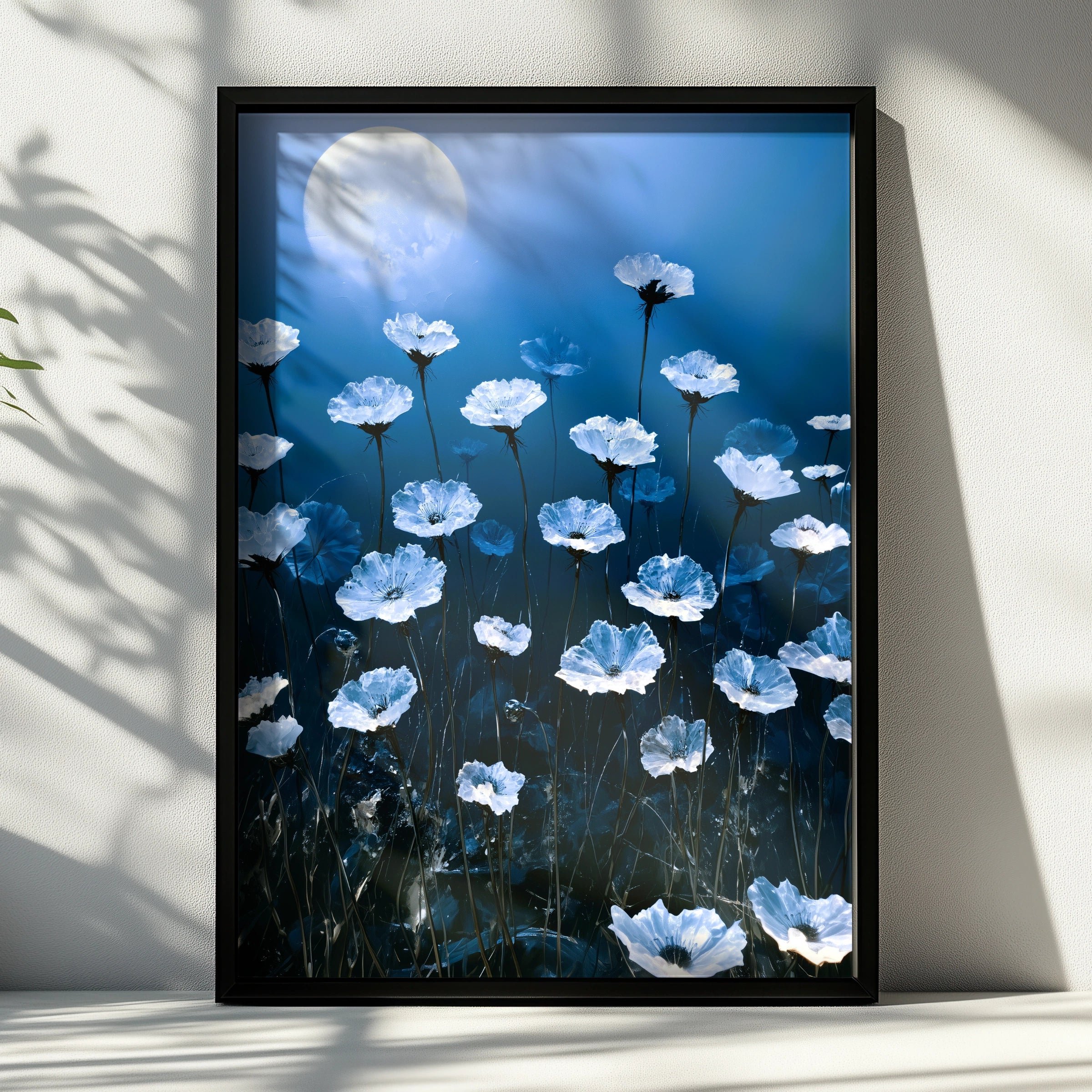 Crystal Flowers Moonlight Poster, Blue Floral Wall Art, Ethereal Botanical Print