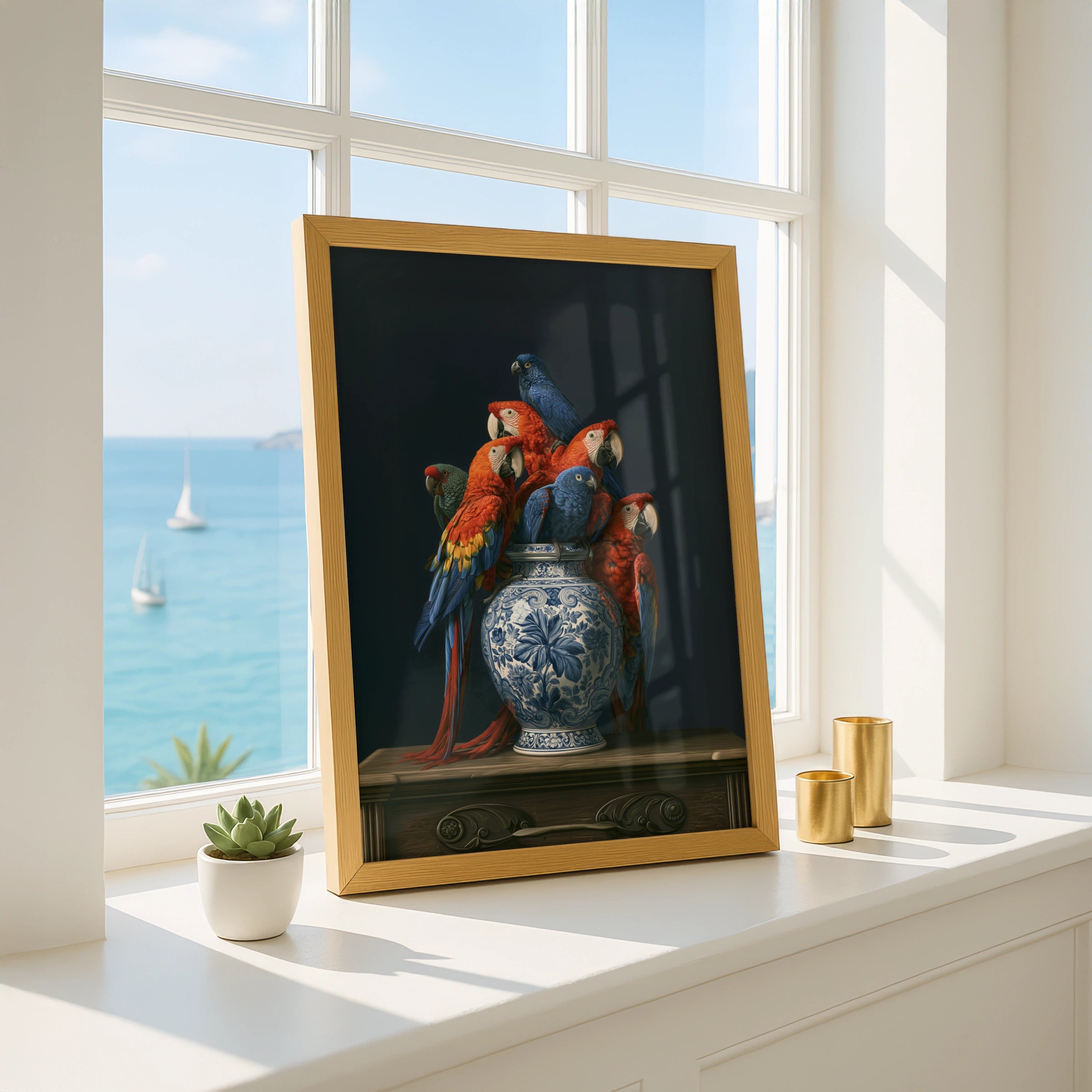 Parrot Vase Wall Art Poster, Macaw Birds Delft Ceramic, Dark Moody Still Life Print