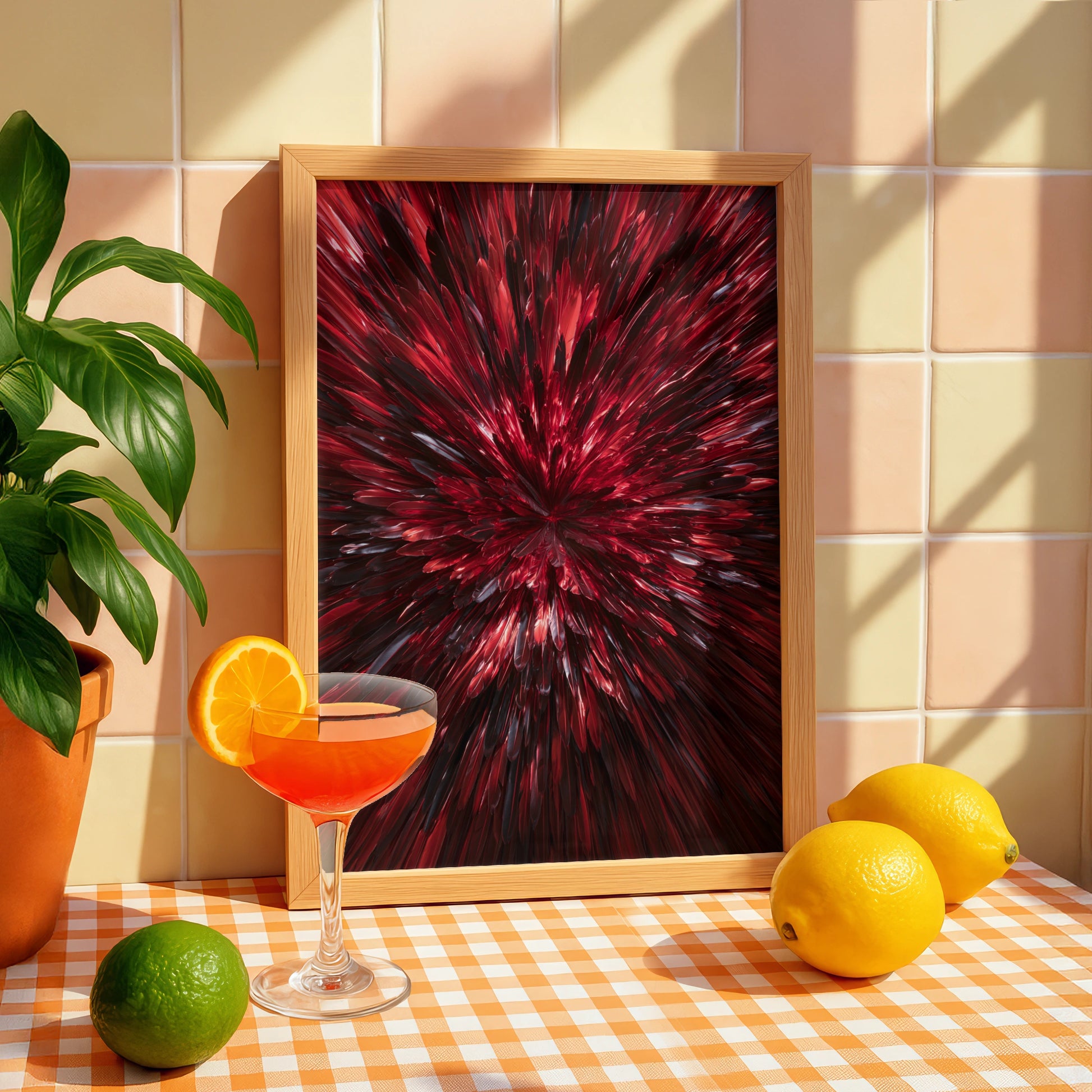 Red Feathers Burst Abstract Wall Art Poster, Mirror Symmetry Print
