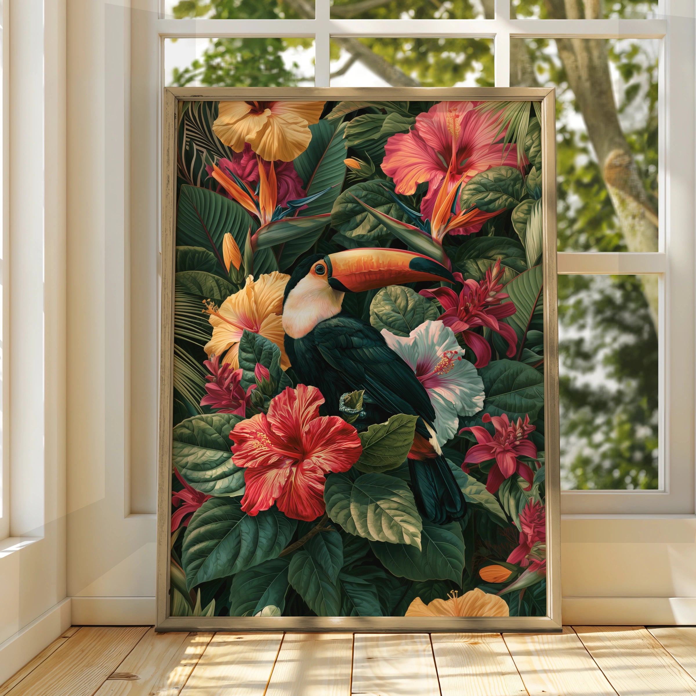 Toucan Hibiscus Tropical Poster, Botanical Bird Wall Art, Jungle Print