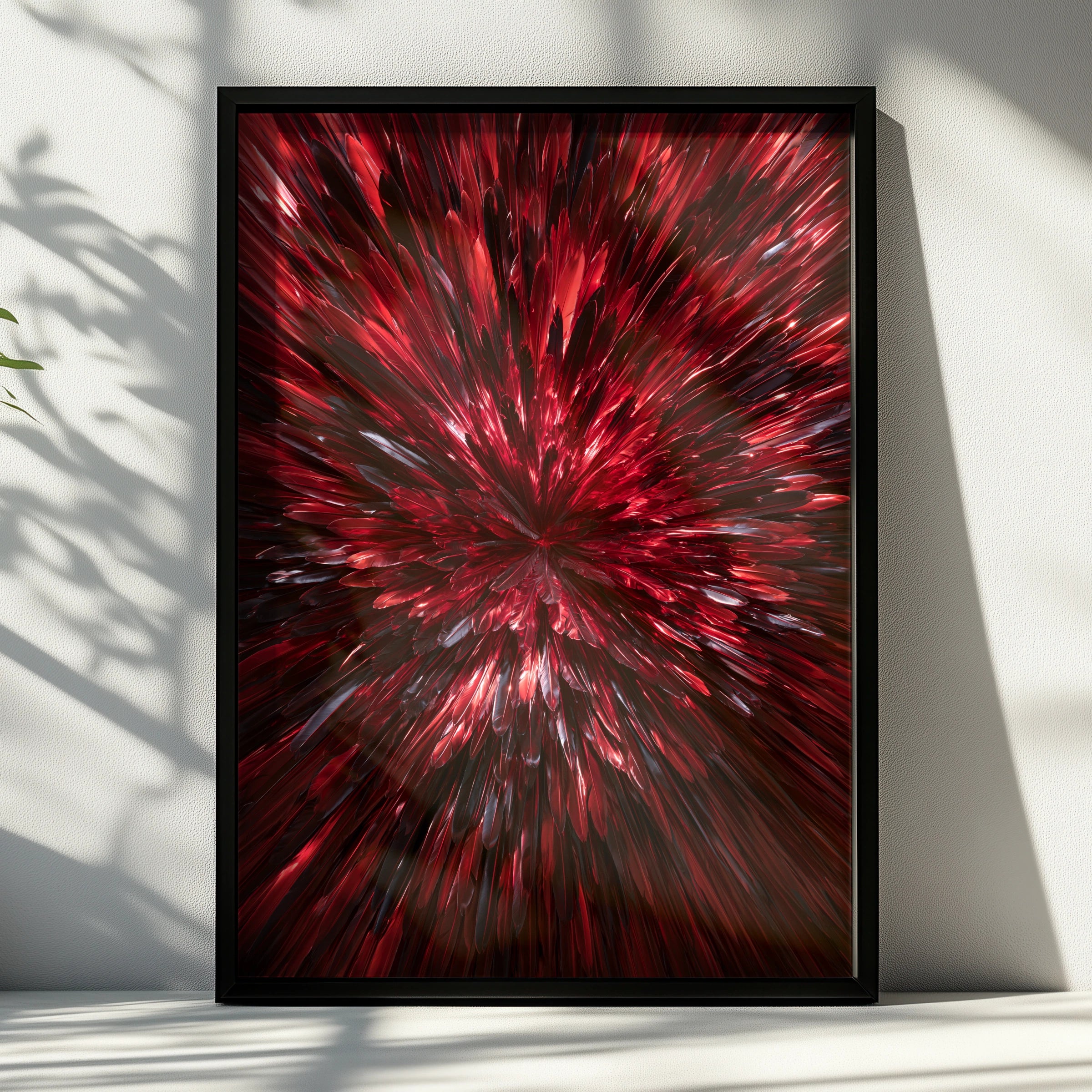 Red Feathers Burst Abstract Wall Art Poster, Mirror Symmetry Print
