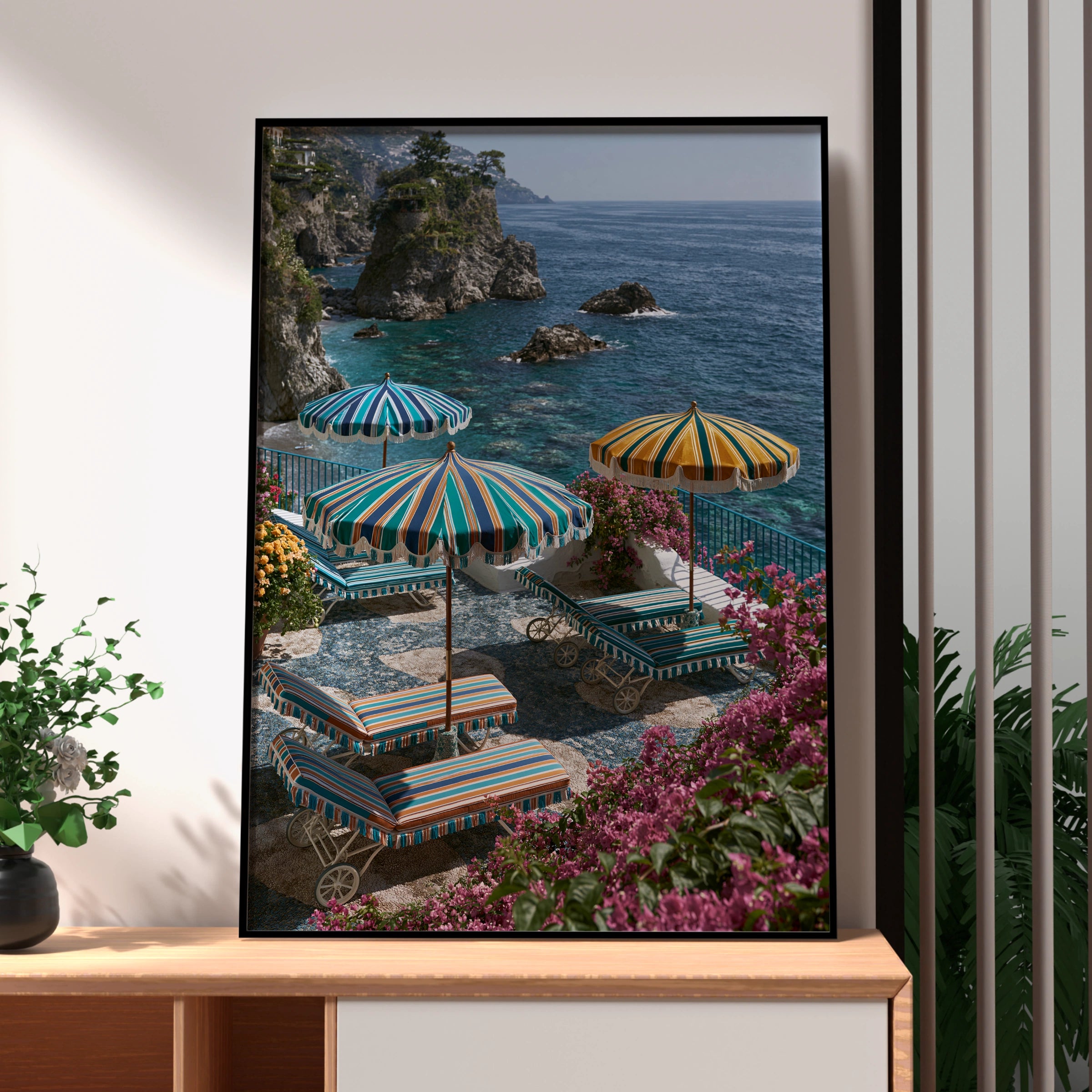 Amalfi Coast Italy Beach Umbrellas Poster, Colourful Striped Coastal Wall Art