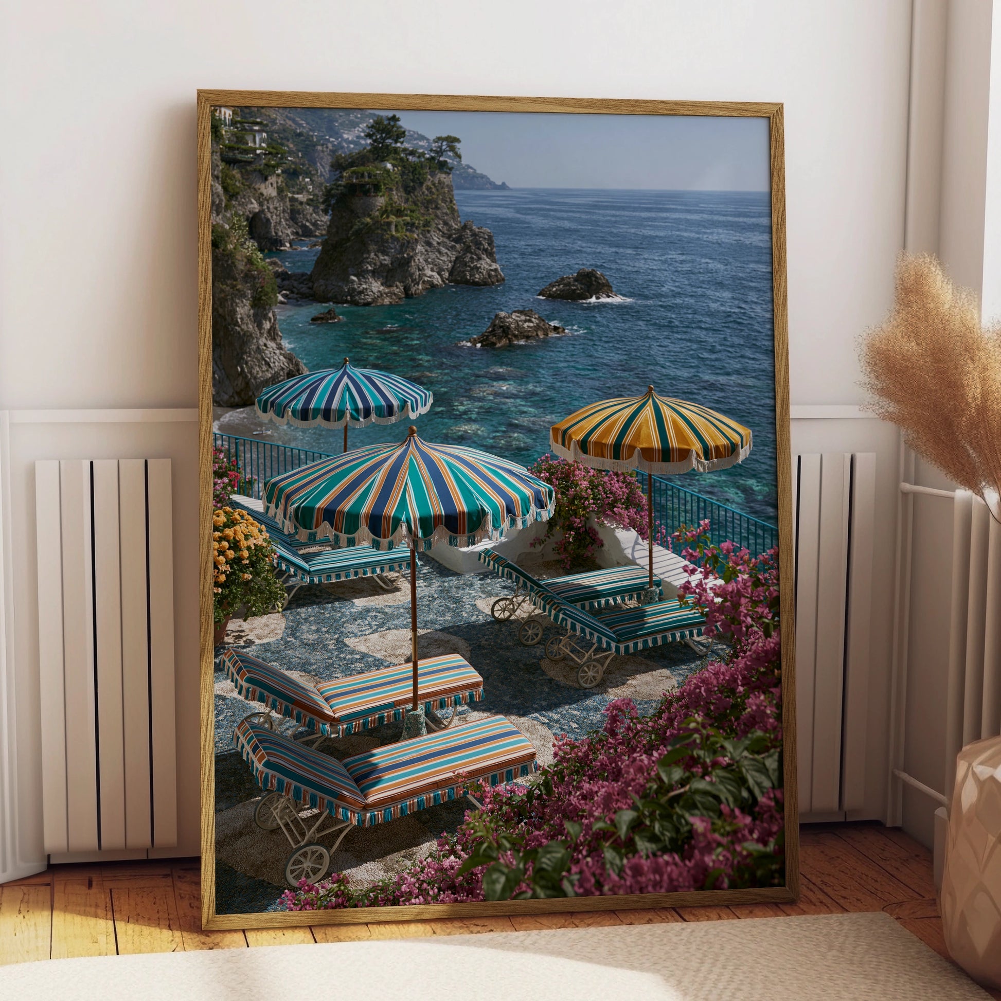 Amalfi Coast Italy Beach Umbrellas Poster, Colourful Striped Coastal Wall Art