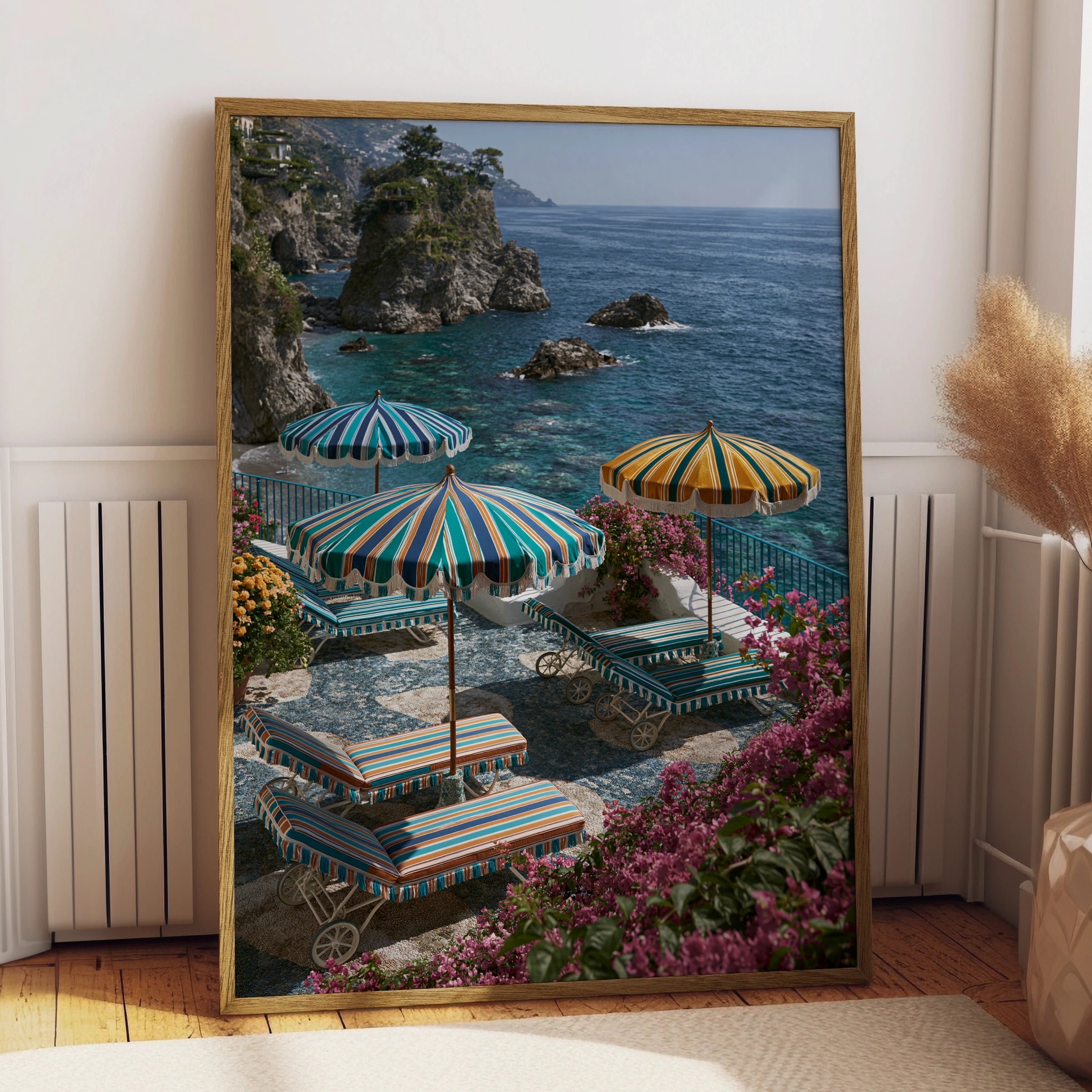 Amalfi Coast Italy Beach Umbrellas Poster, Colourful Striped Coastal Wall Art