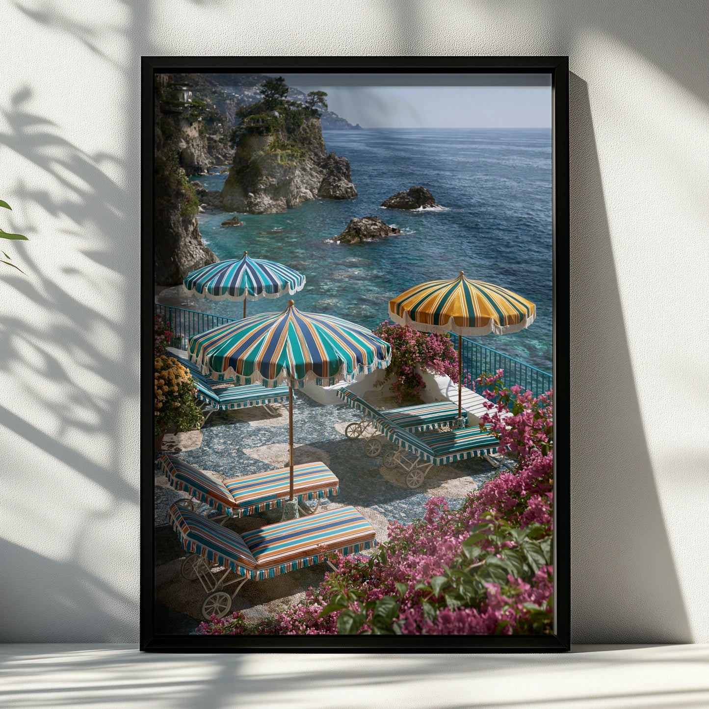 Amalfi Coast Italy Beach Umbrellas Poster, Colourful Striped Coastal Wall Art