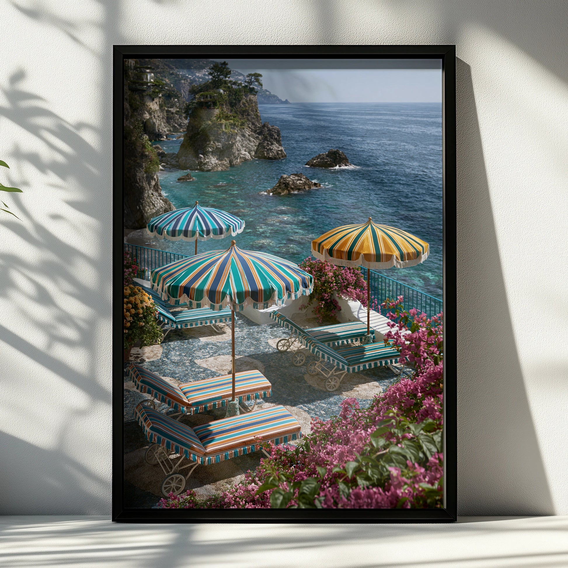 Amalfi Coast Italy Beach Umbrellas Poster, Colourful Striped Coastal Wall Art