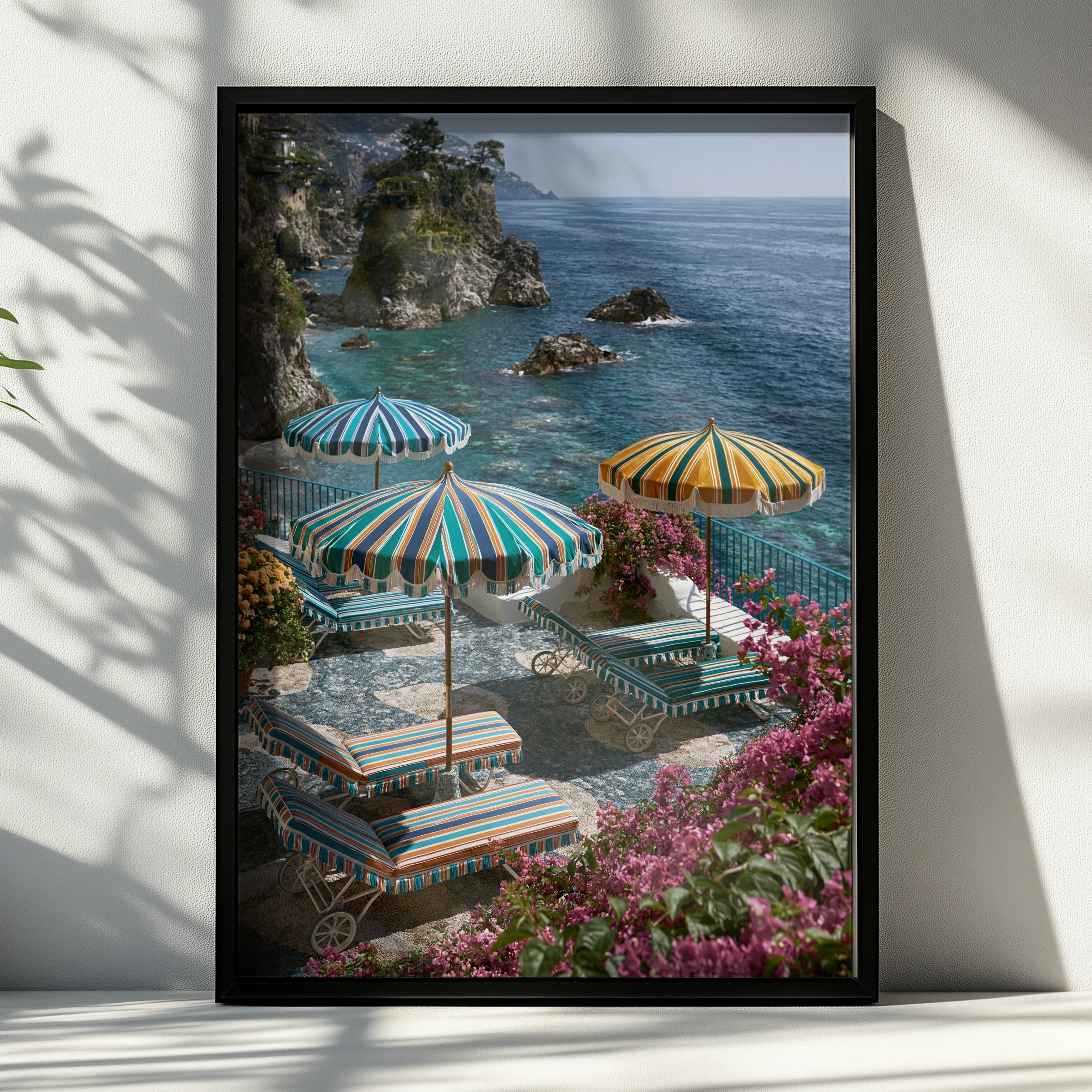 Amalfi Coast Italy Beach Umbrellas Poster, Colourful Striped Coastal Wall Art
